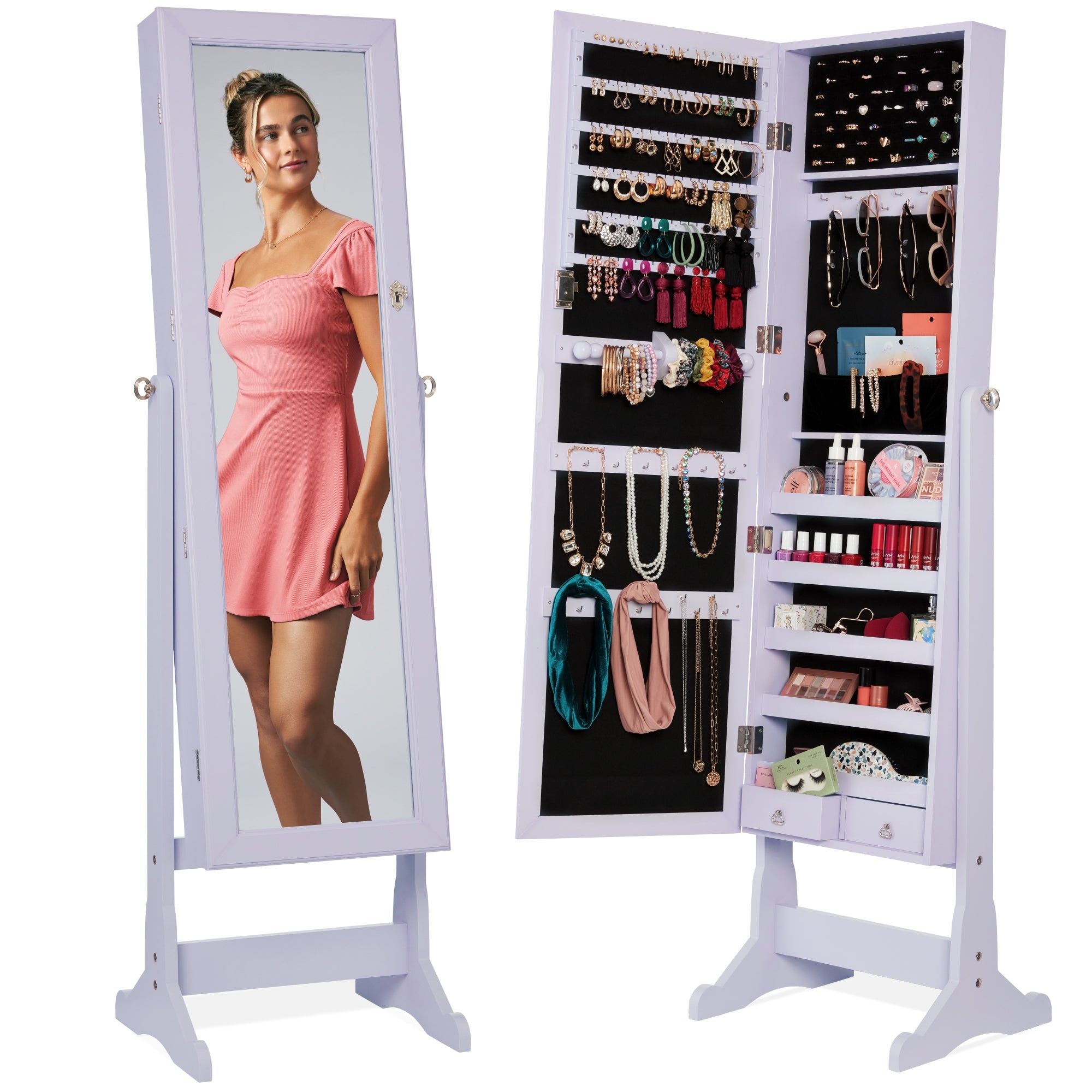 Full Length Freestanding Jewelry Mirror Armoire w/ Velvet Interior - Lavender