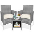 3-Piece Outdoor Patio Wicker Bistro Set w/ Side Storage Table - Gray/Cream