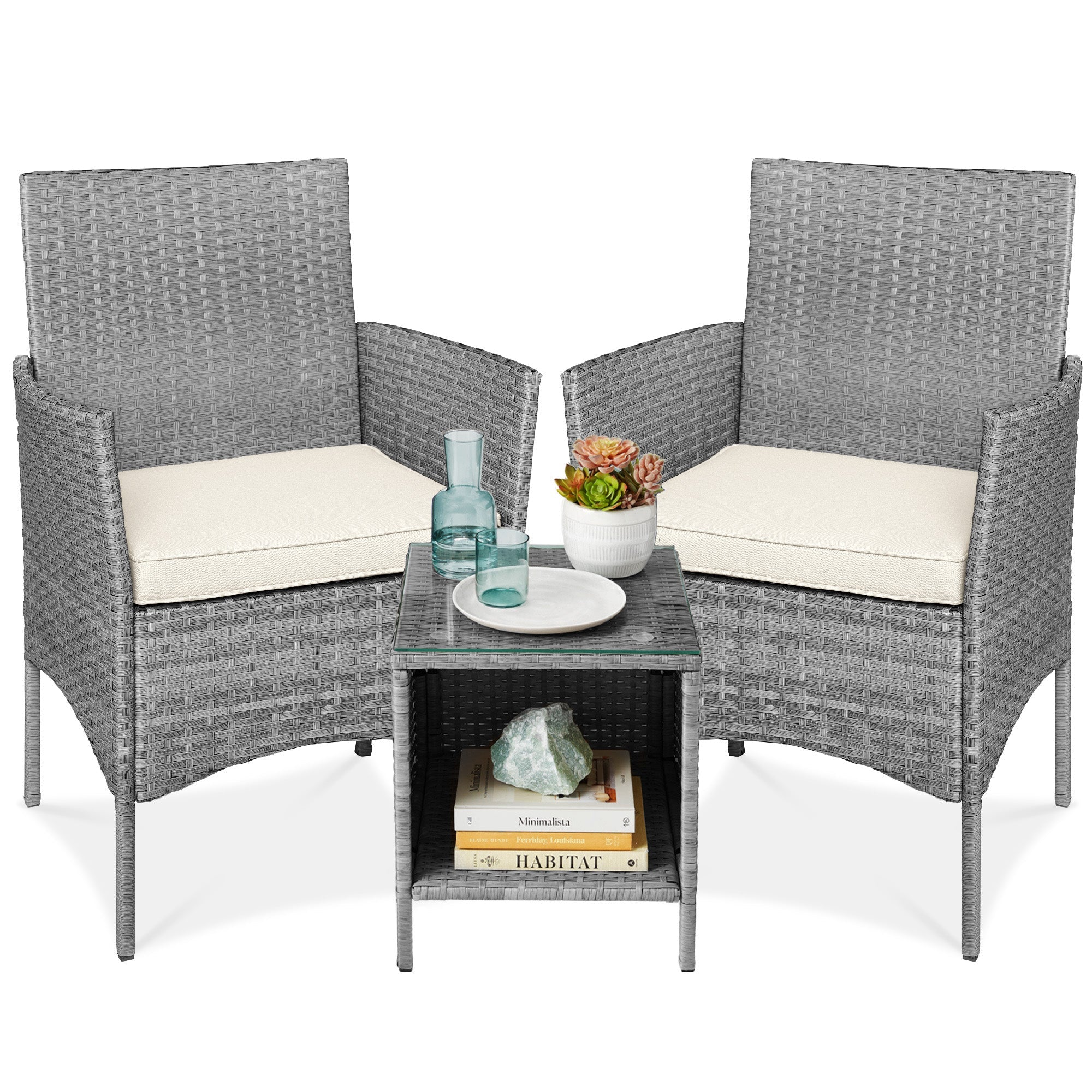 3-Piece Outdoor Patio Wicker Bistro Set w/ Side Storage Table - Gray/Cream