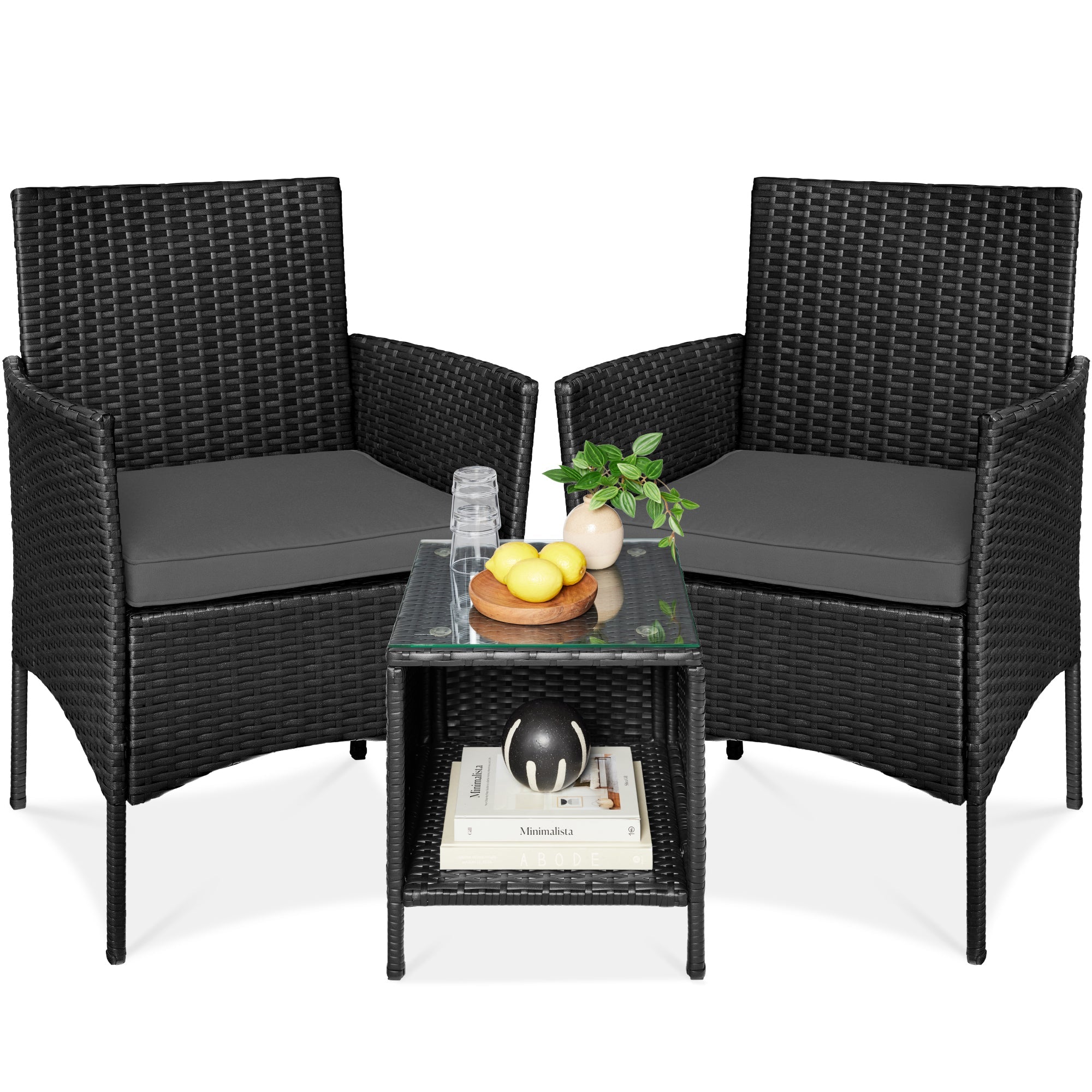 3-Piece Outdoor Patio Wicker Bistro Set w/ Side Storage Table - Black/Gray