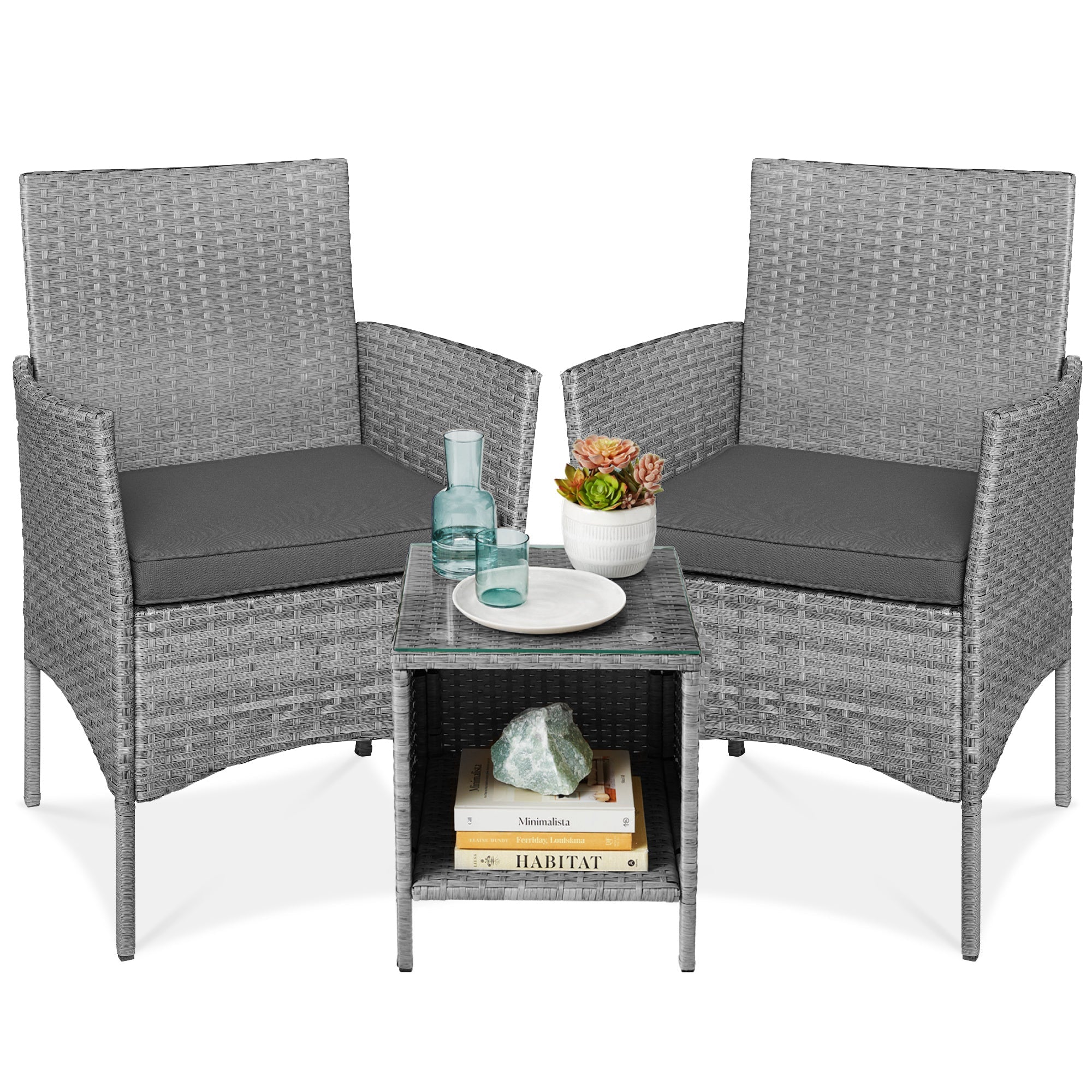 3-Piece Outdoor Patio Wicker Bistro Set w/ Side Storage Table - Gray/Gray