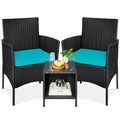 3-Piece Outdoor Patio Wicker Bistro Set w/ Side Storage Table - Black/Teal