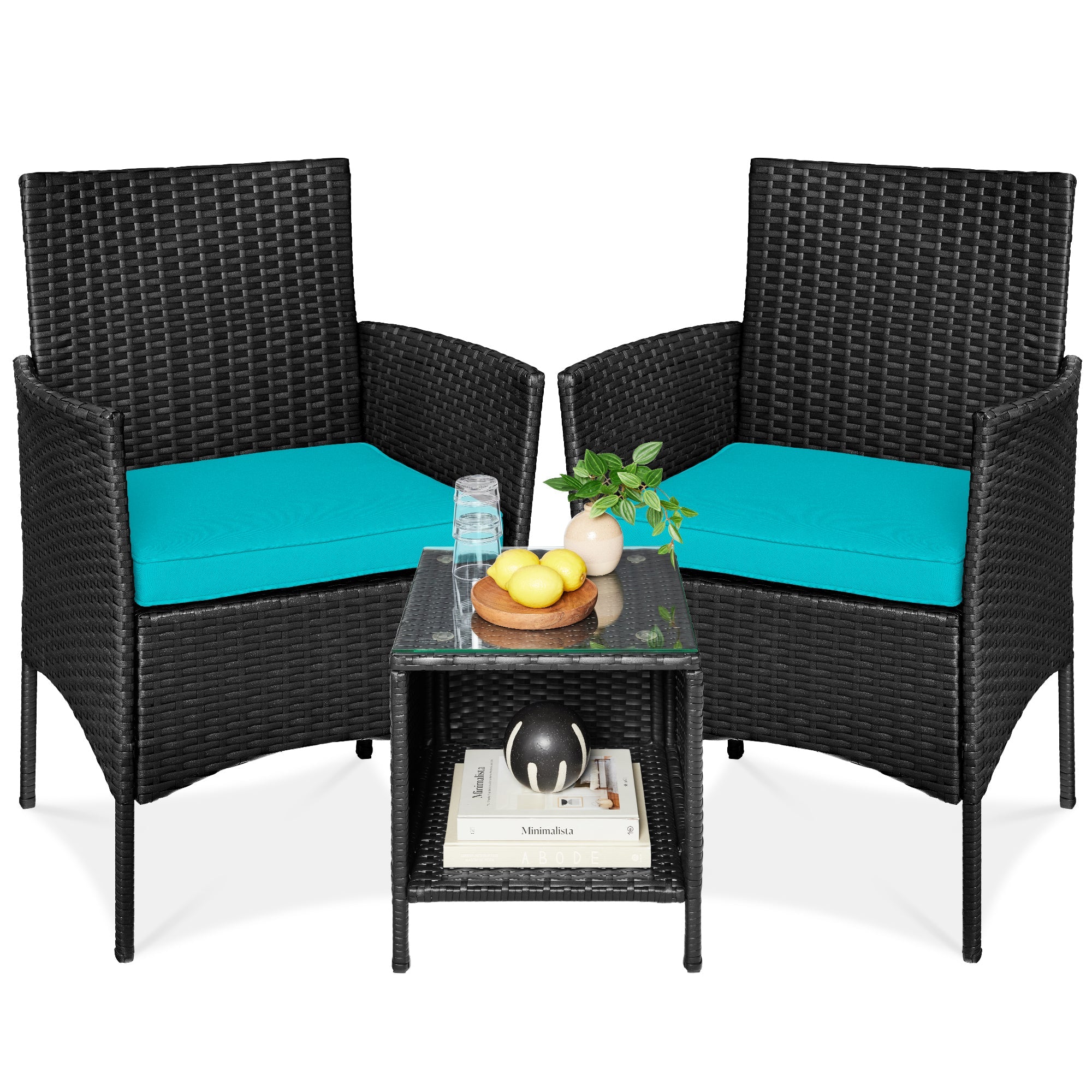 3-Piece Outdoor Patio Wicker Bistro Set w/ Side Storage Table - Black/Teal