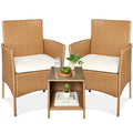 3-Piece Outdoor Patio Wicker Bistro Set w/ Side Storage Table - Natural/Ivory