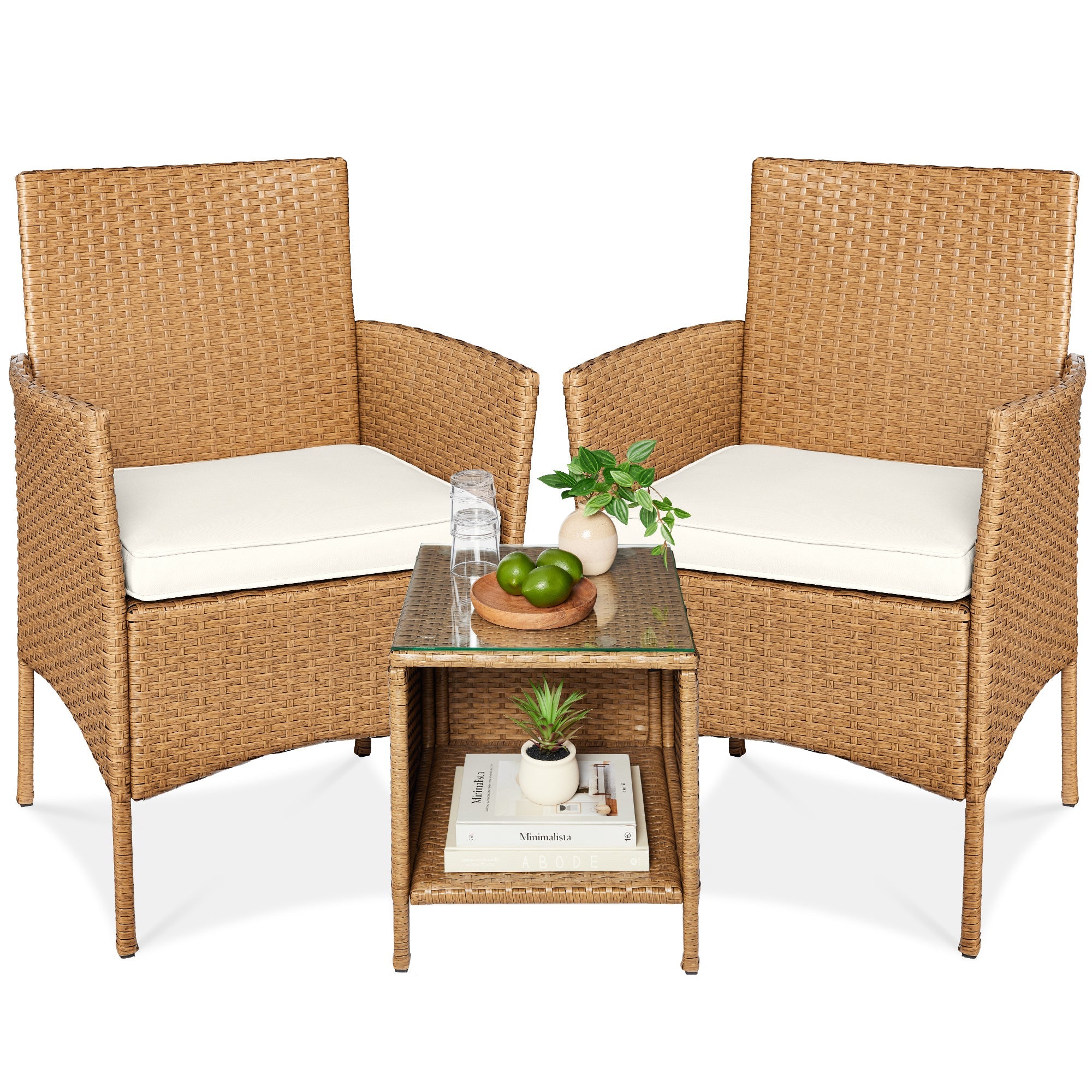 3-Piece Outdoor Patio Wicker Bistro Set w/ Side Storage Table - Natural/Ivory
