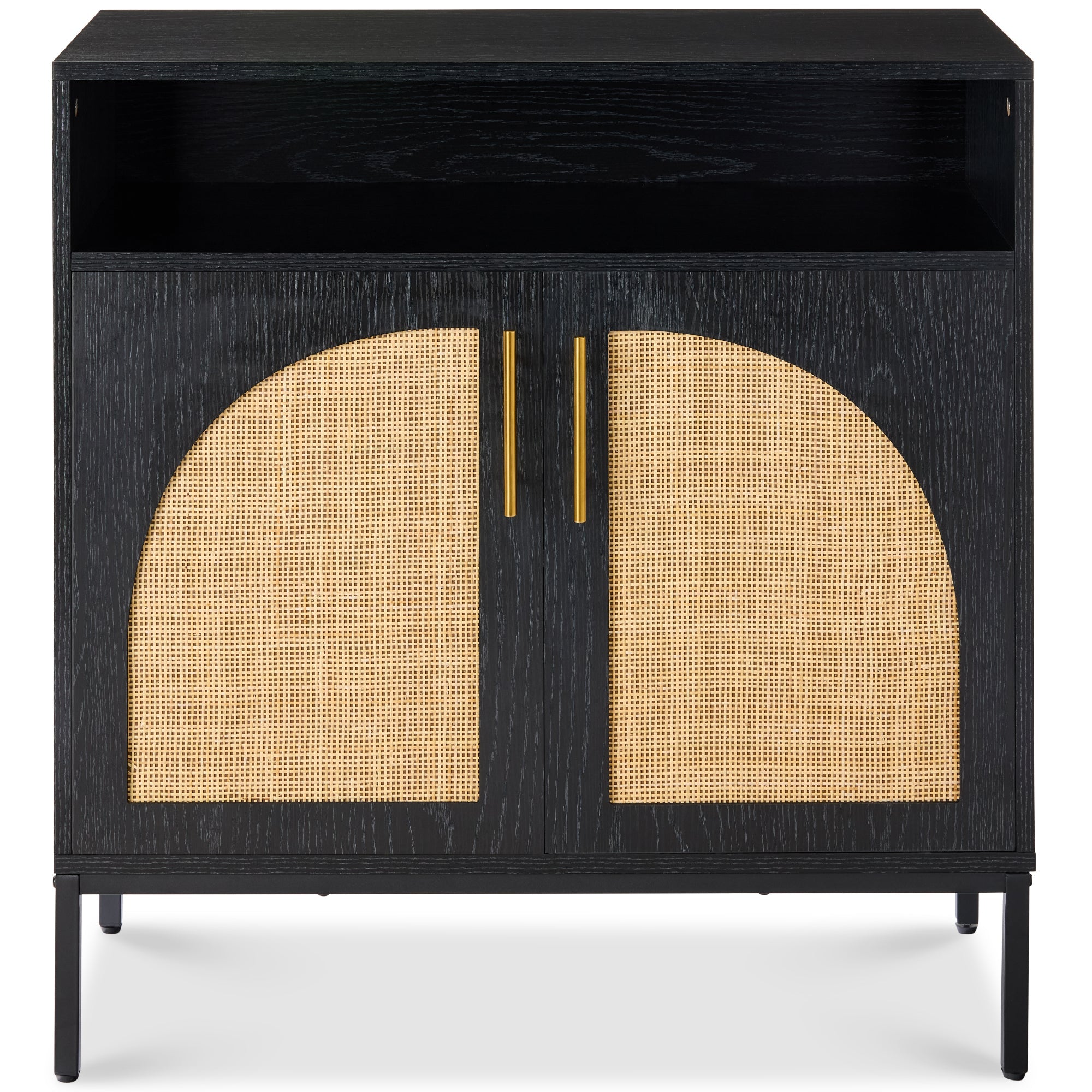 2-Door Rattan Cabinet, Buffet, w/ Cord Cutout & Storage Shelf, Natural - Black