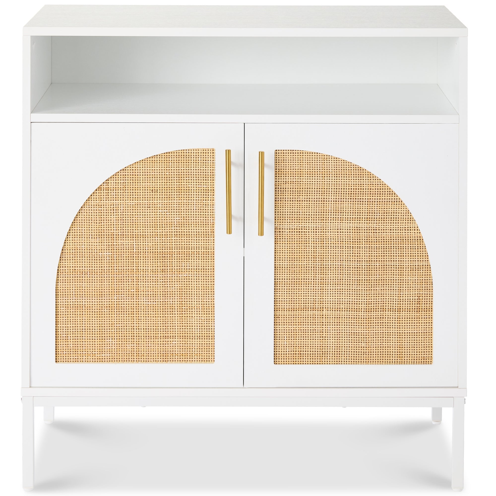 2-Door Rattan Cabinet, Buffet, w/ Cord Cutout & Storage Shelf, Natural - White