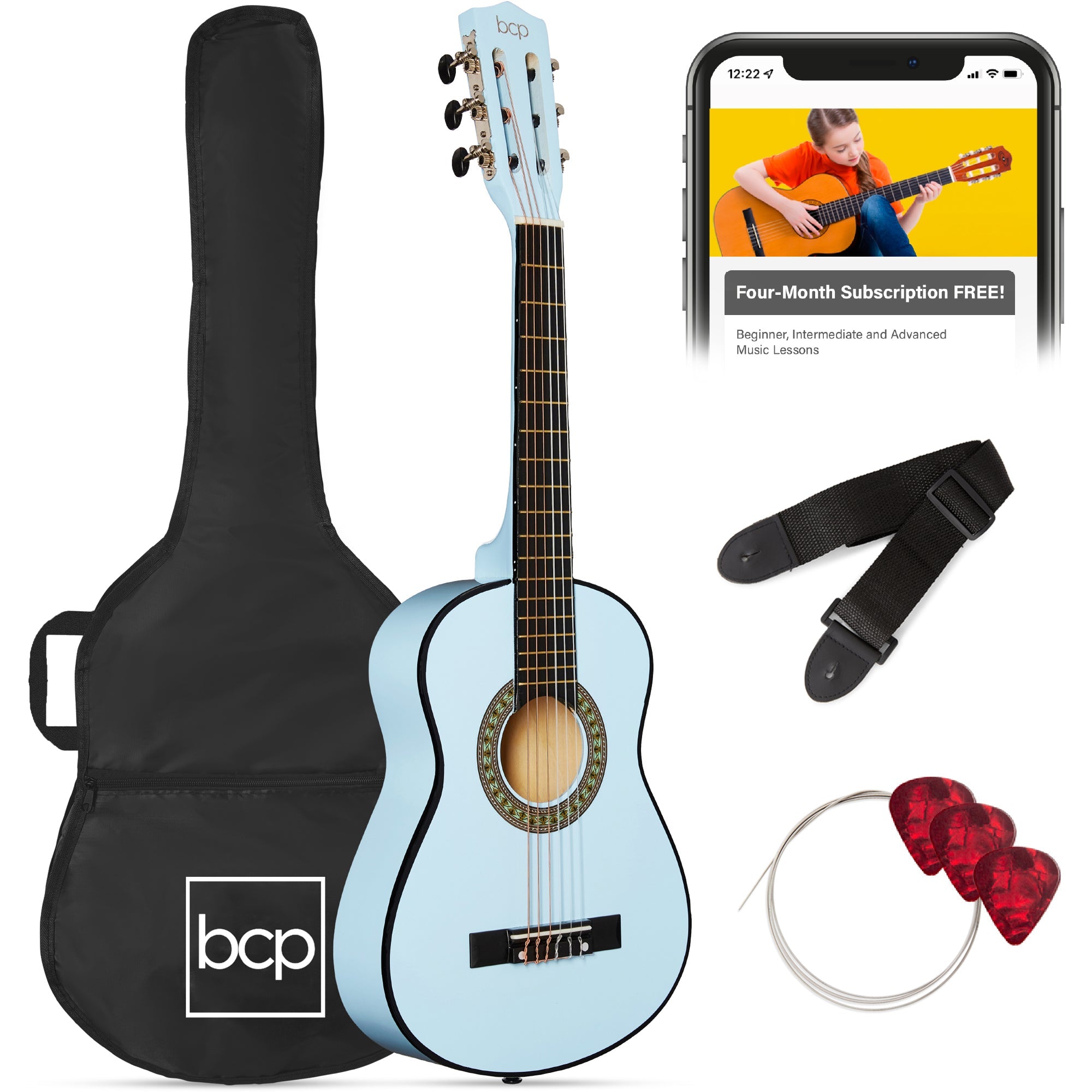 Kids Acoustic Guitar Beginner Starter Kit w/ Carrying Case - 30in - Light Blue