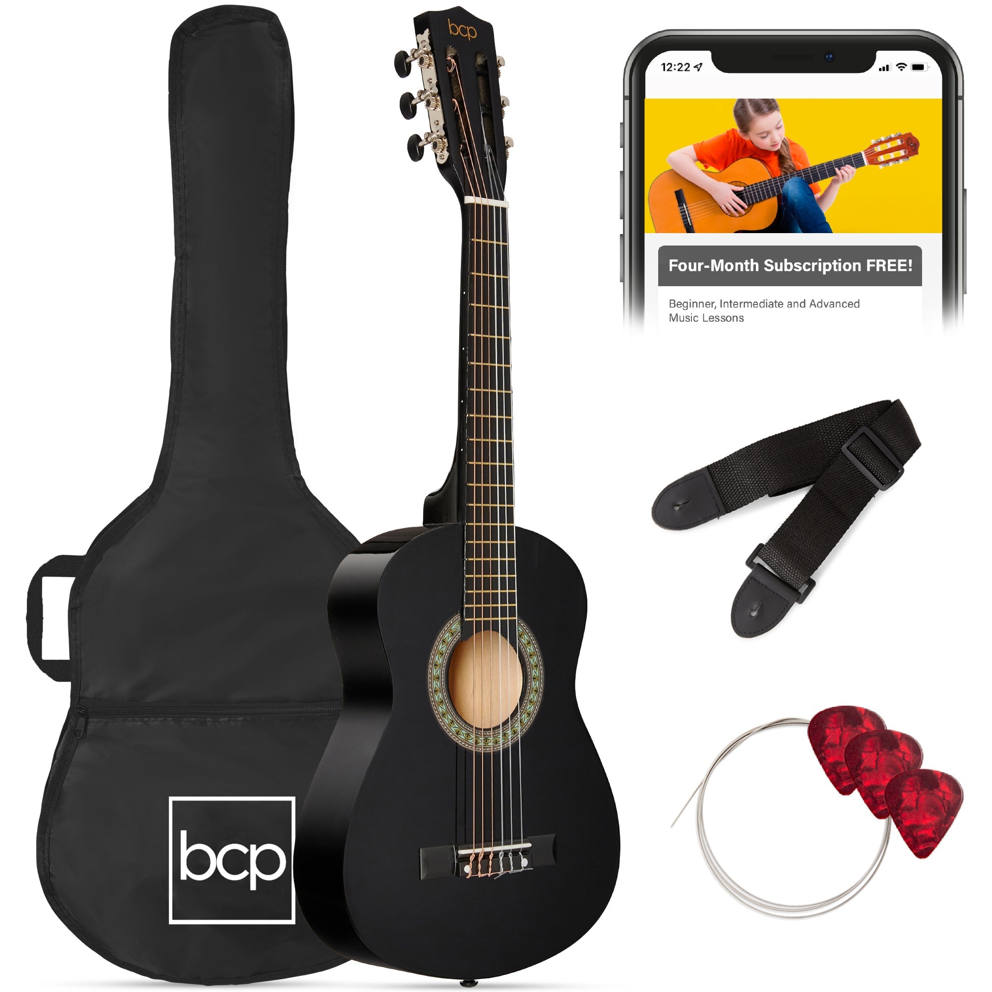 Kids Acoustic Guitar Beginner Starter Kit w/ Carrying Case - 30in - Black