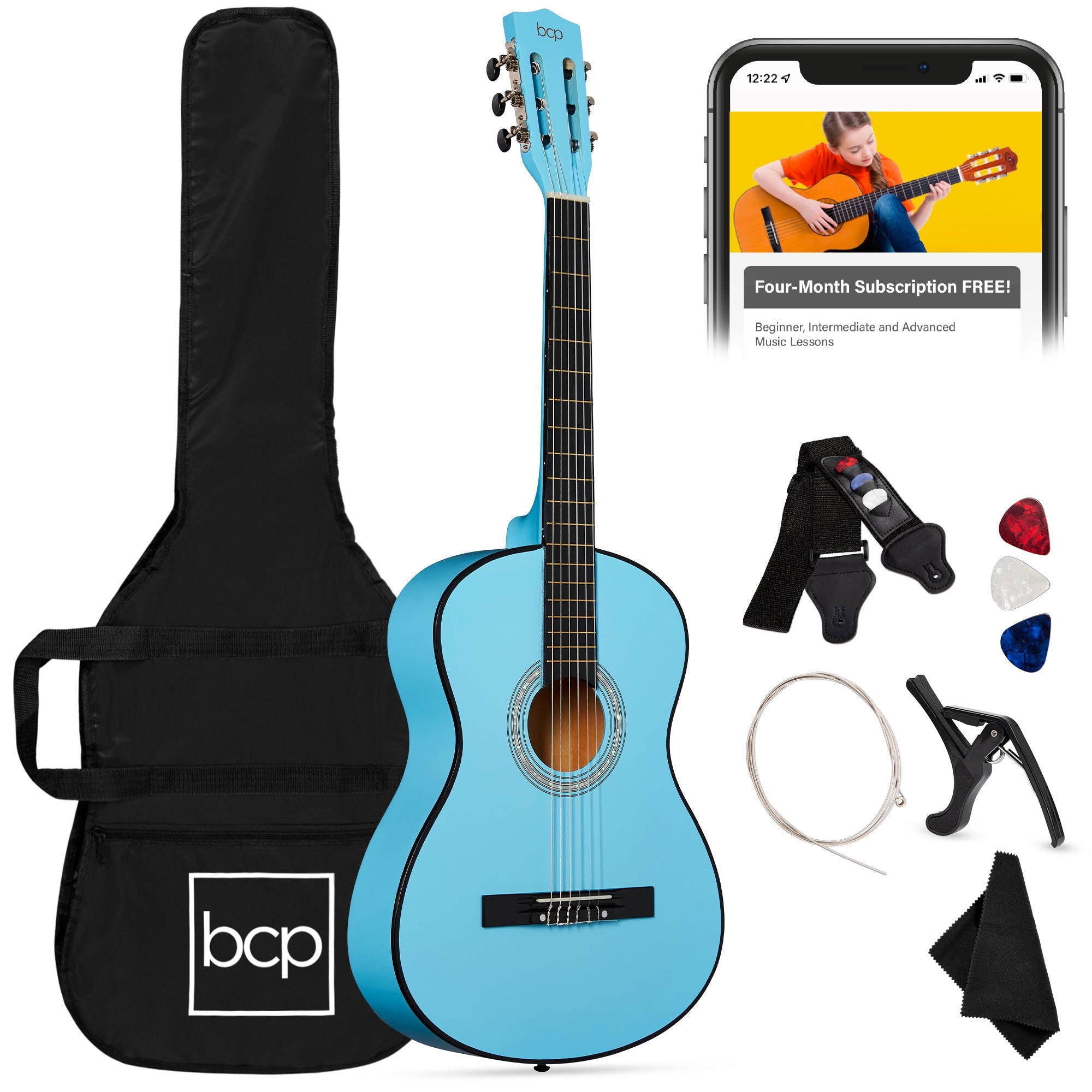 Beginner Acoustic Guitar Set w/ Case, Strap, Extra Strings - 38in - Sky Blue