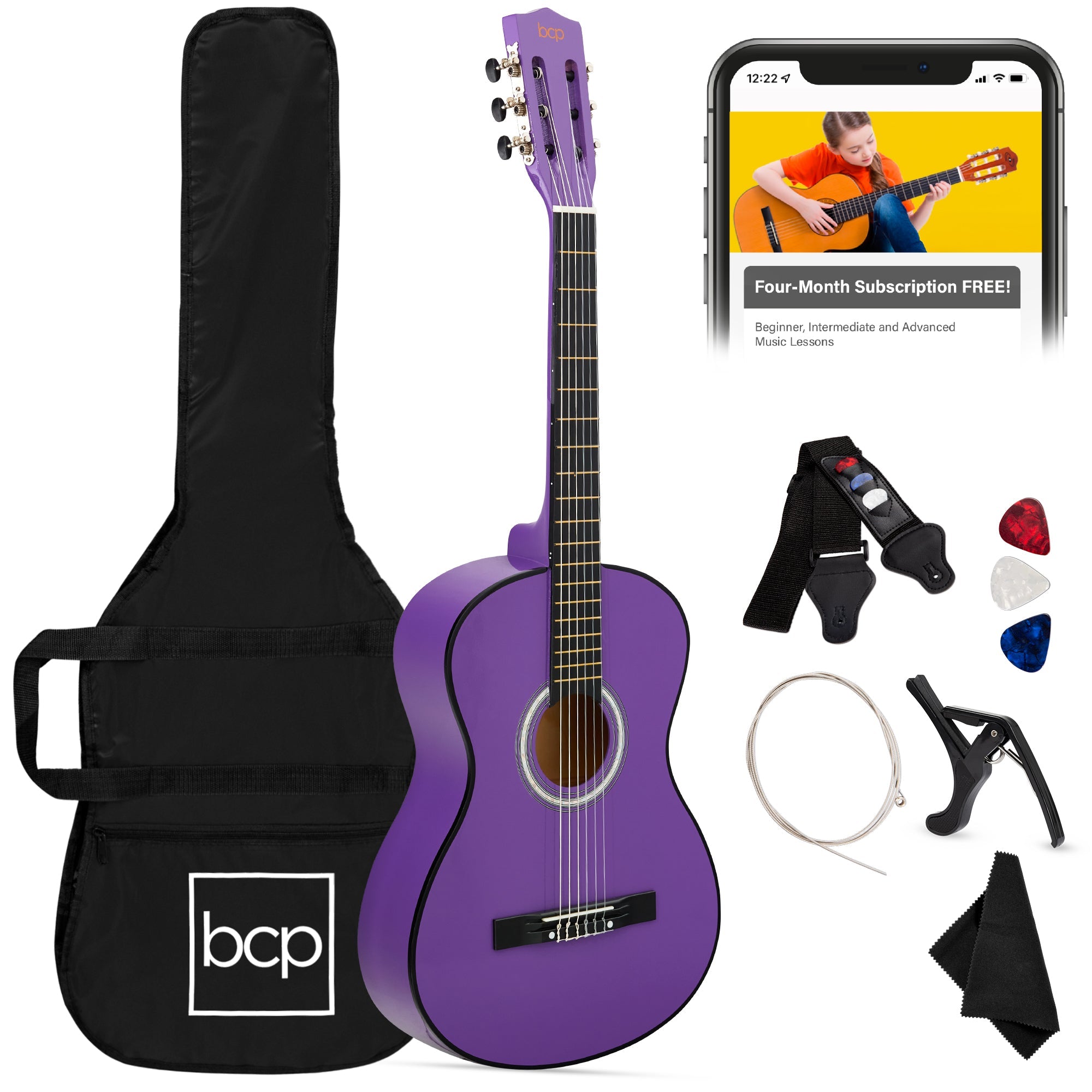 Beginner Acoustic Guitar Set w/ Case, Strap, Extra Strings - 38in - Purple