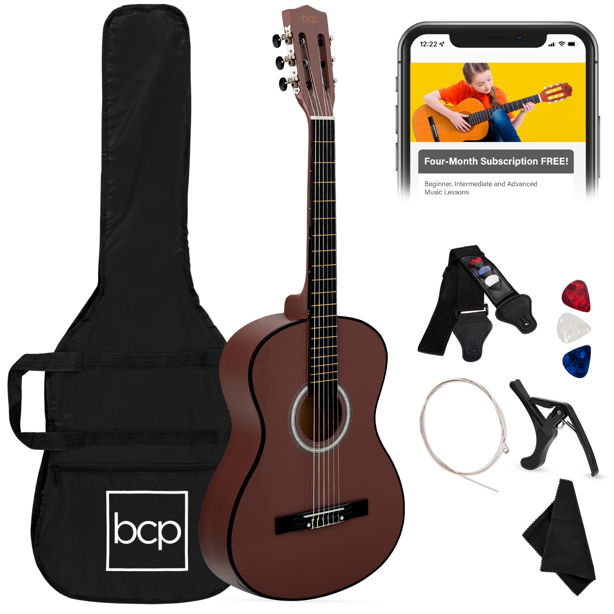 Beginner Acoustic Guitar Set w/ Case, Strap, Extra Strings - 38in - Dark Brown
