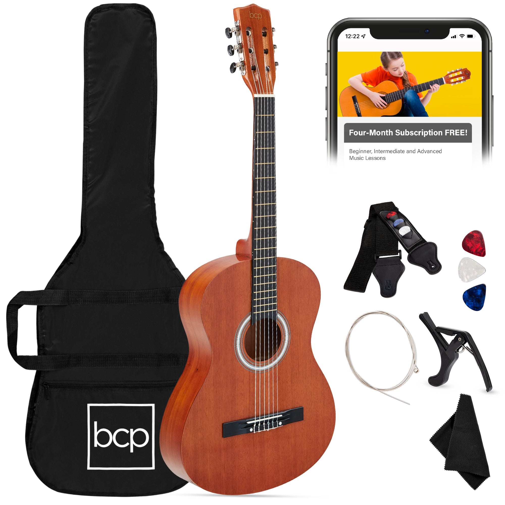 Beginner Acoustic Guitar Set w/ Case, Strap, Extra Strings - 38in - Natural Mahogany