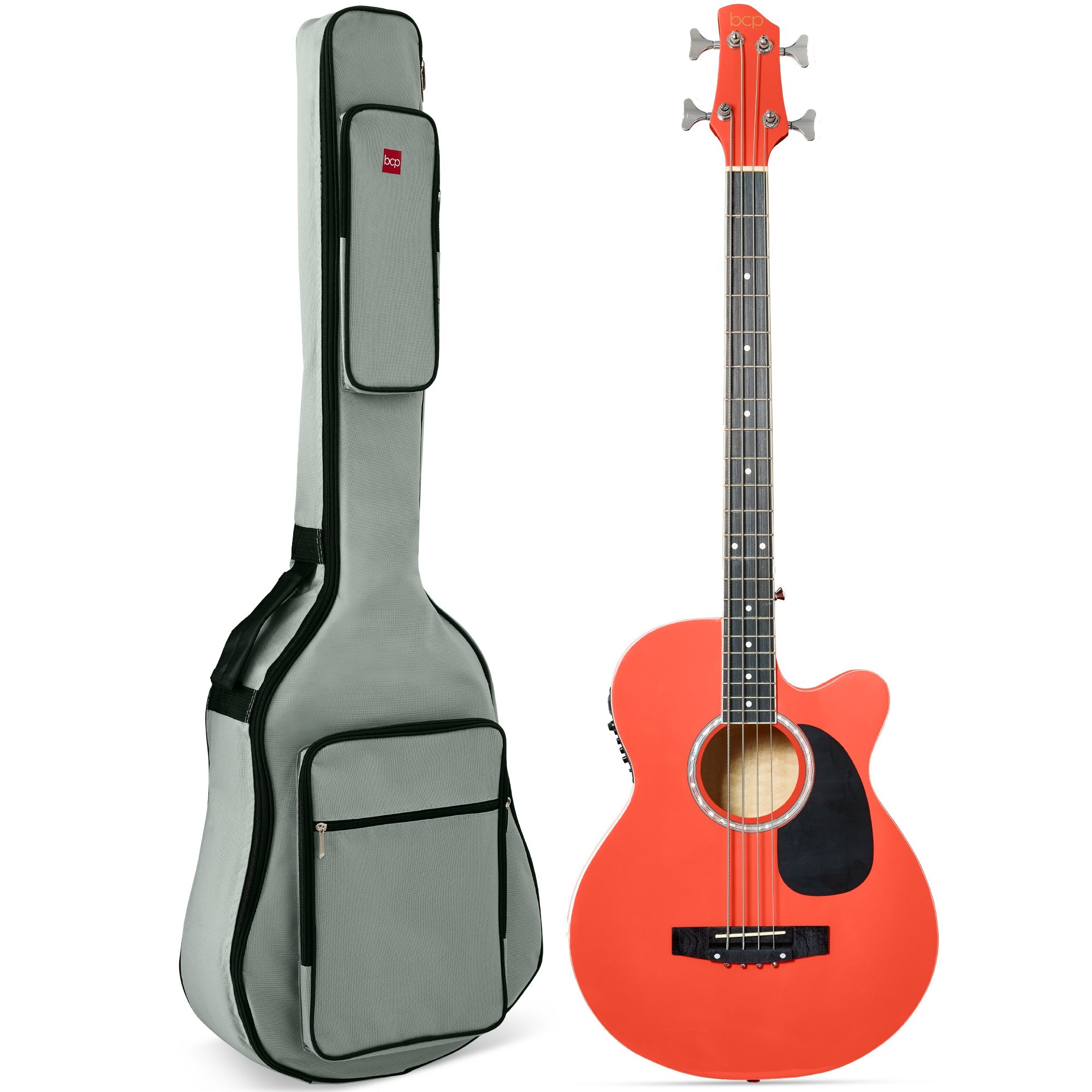 Acoustic Electric Bass Guitar w/ Equalizer, Truss Rod, Padded Gig Bag - Red