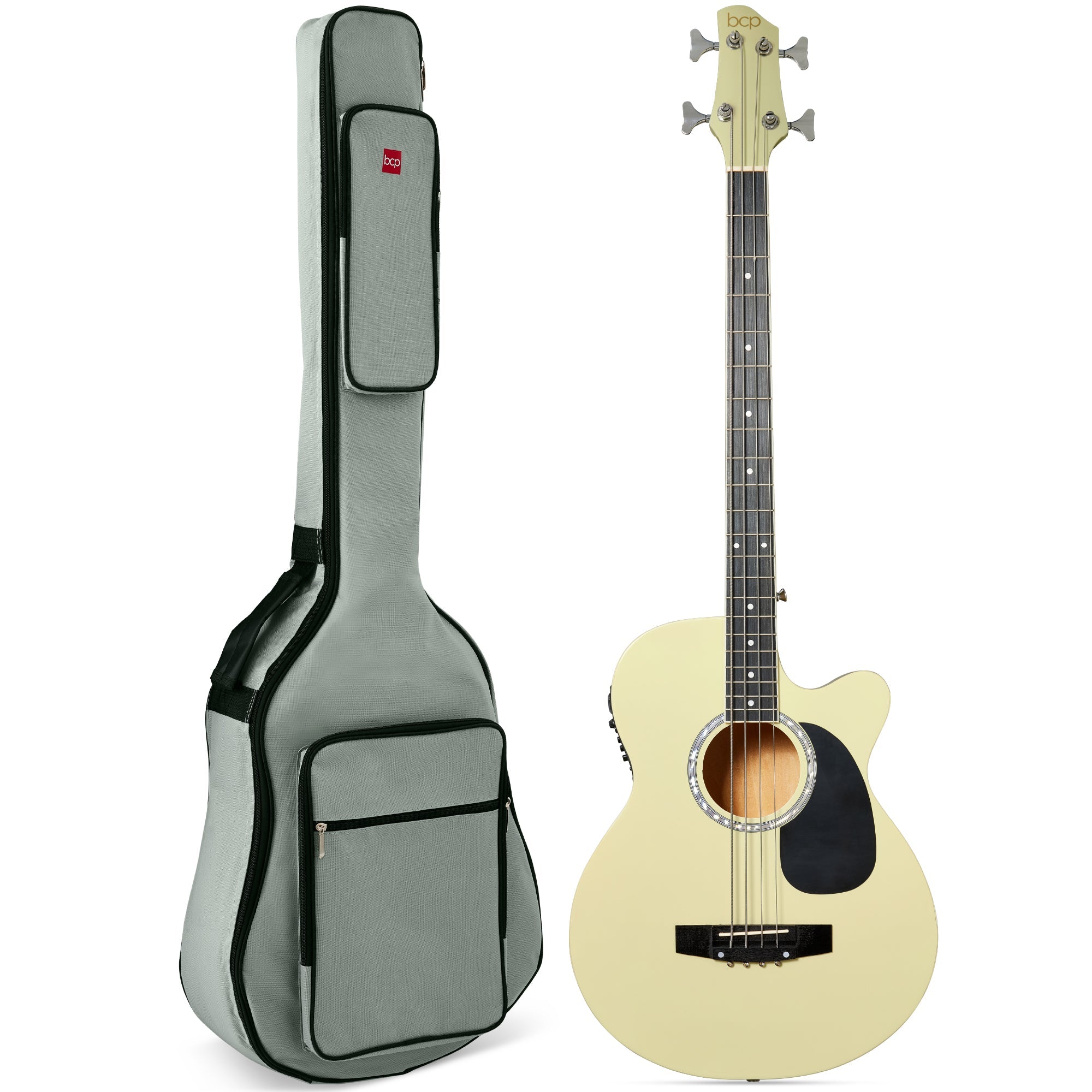 Acoustic Electric Bass Guitar w/ Equalizer, Truss Rod, Padded Gig Bag - Cream White