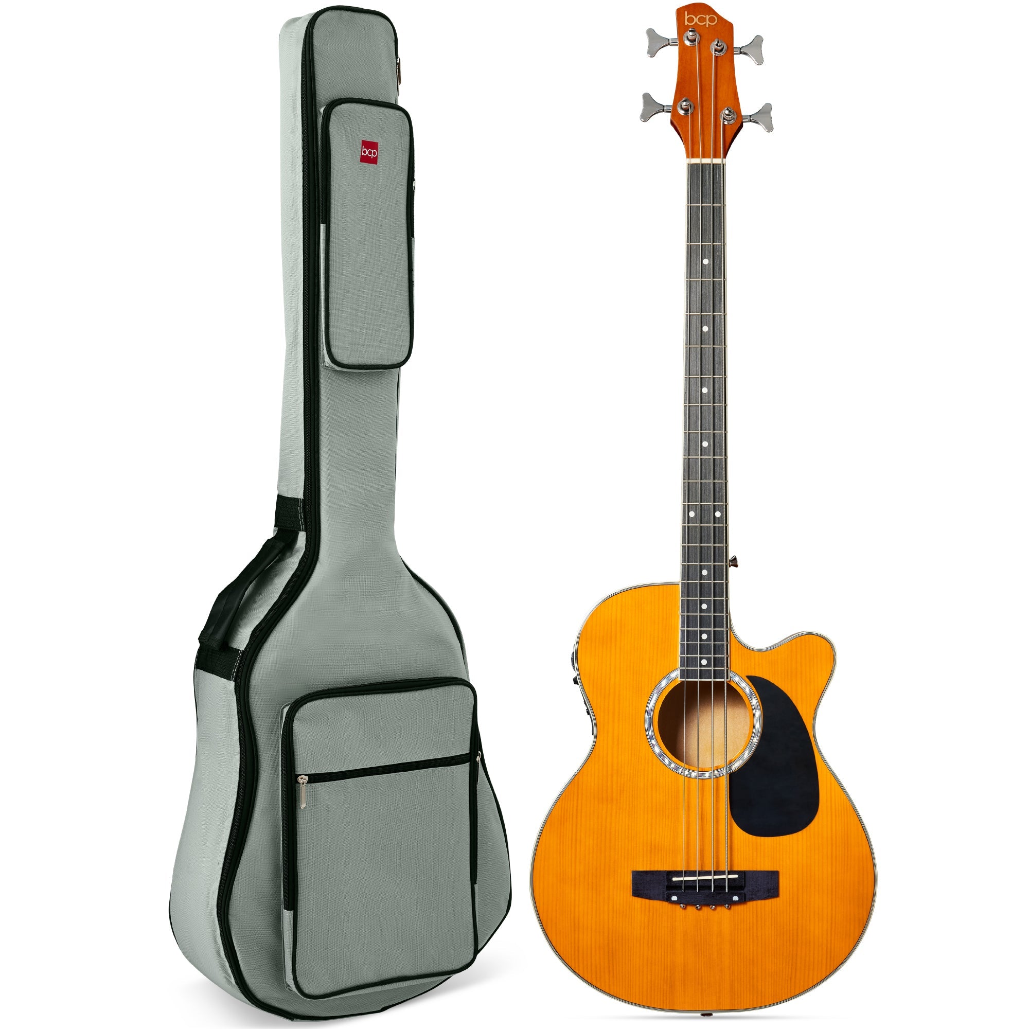 Acoustic Electric Bass Guitar w/ Equalizer, Truss Rod, Padded Gig Bag - Aged Natural