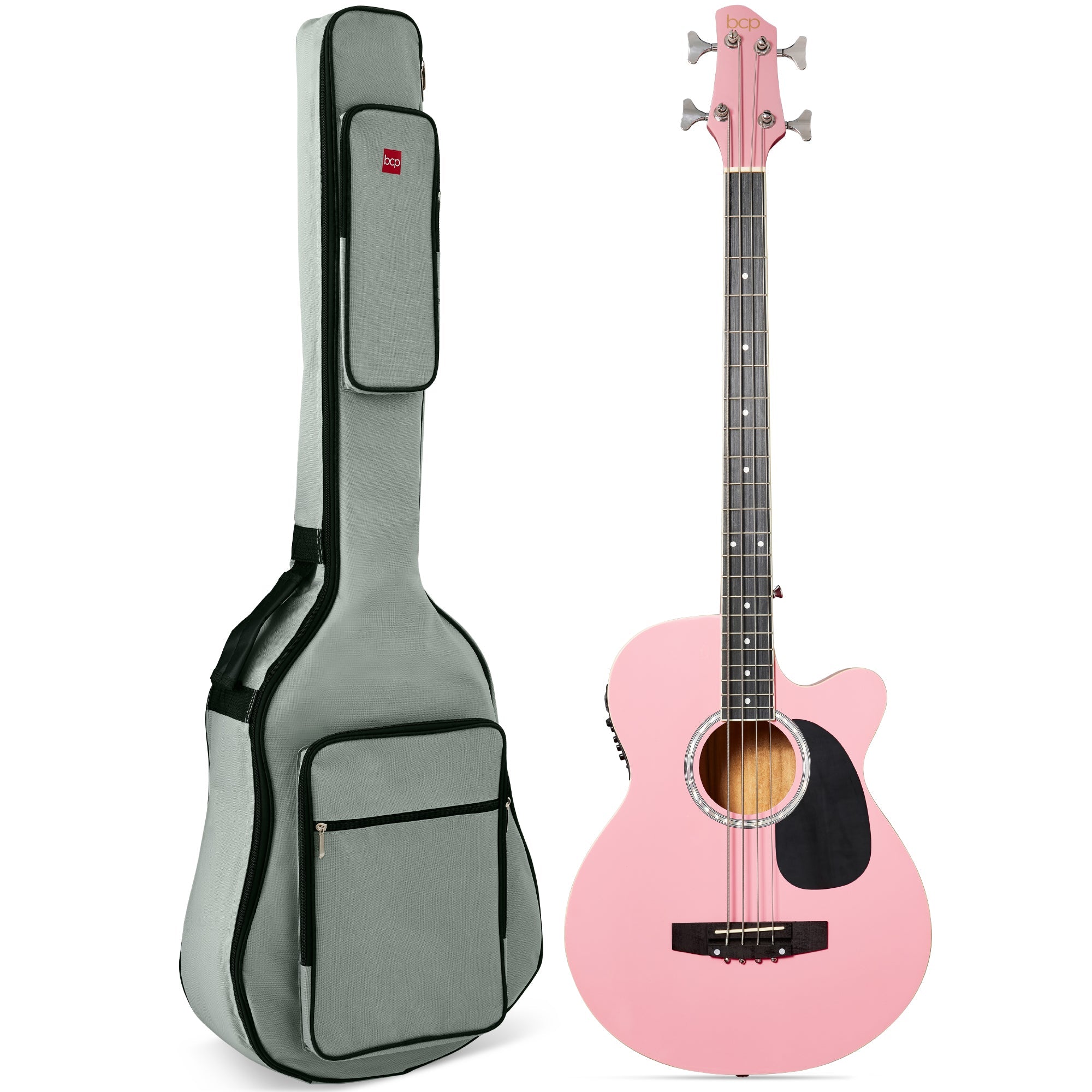 Acoustic Electric Bass Guitar w/ Equalizer, Truss Rod, Padded Gig Bag - Pink