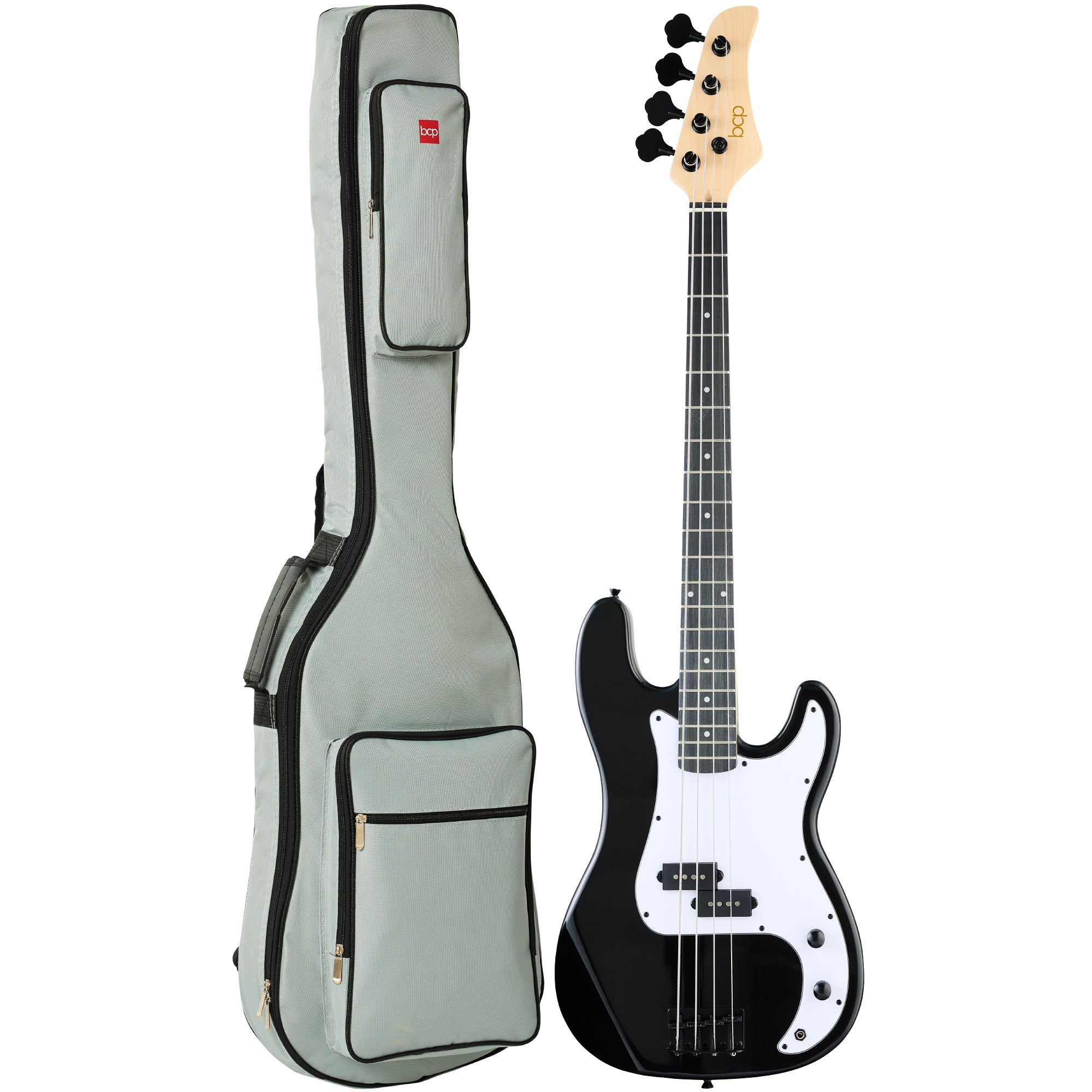 Full Size Beginner 4-String Electric Guitar Bass Guitar w/ Padded Case - Black/White