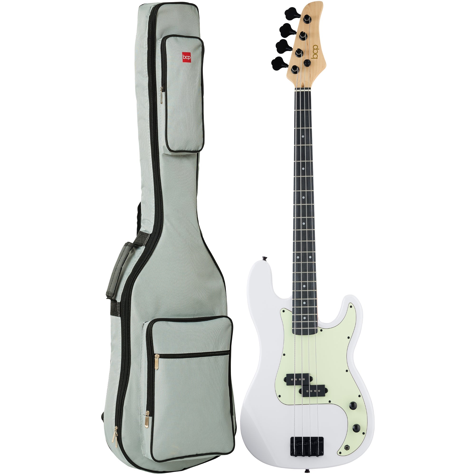 Full Size Beginner 4-String Electric Guitar Bass Guitar w/ Padded Case - White/Mint