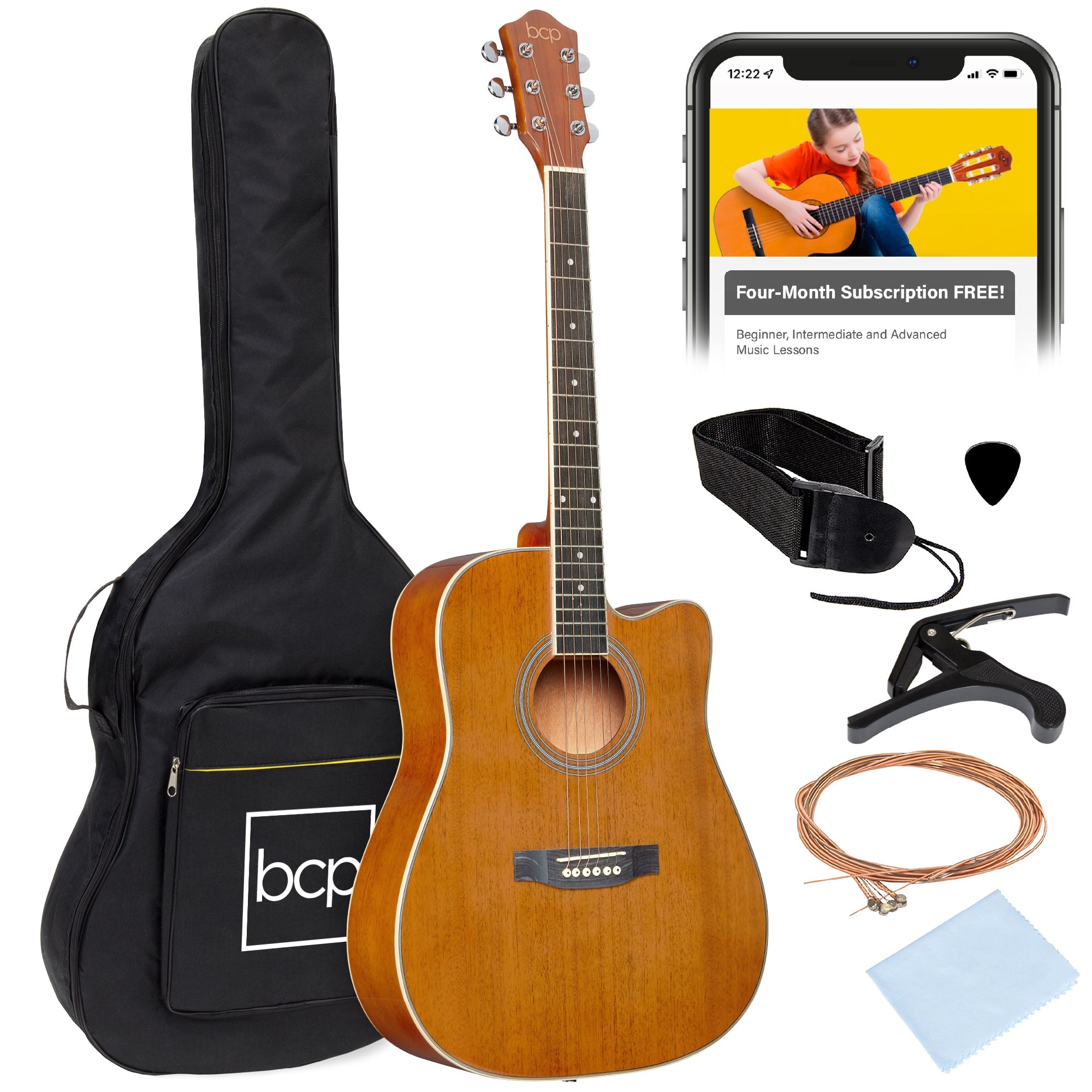Full Size Beginner Acoustic Guitar Set with Case, Strap, Capo - 41in - Natural Mahogany