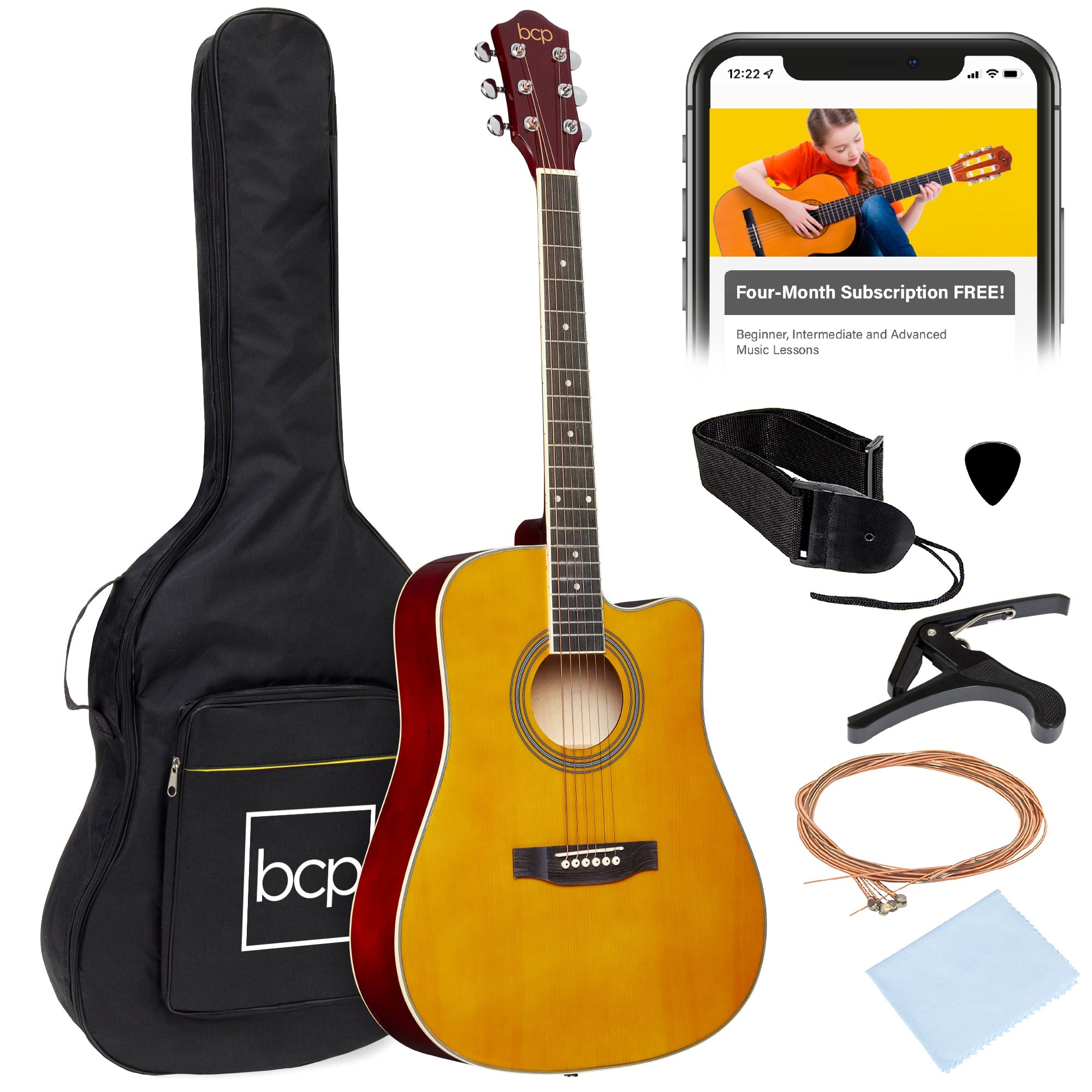 Full Size Beginner Acoustic Guitar Set with Case, Strap, Capo - 41in - Aged Natural