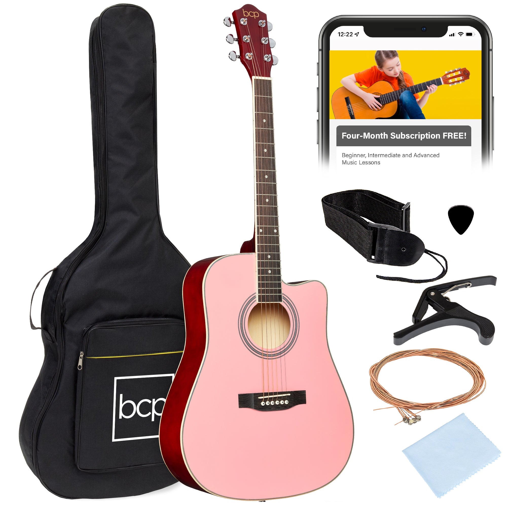 Full Size Beginner Acoustic Guitar Set with Case, Strap, Capo - 41in - Pink