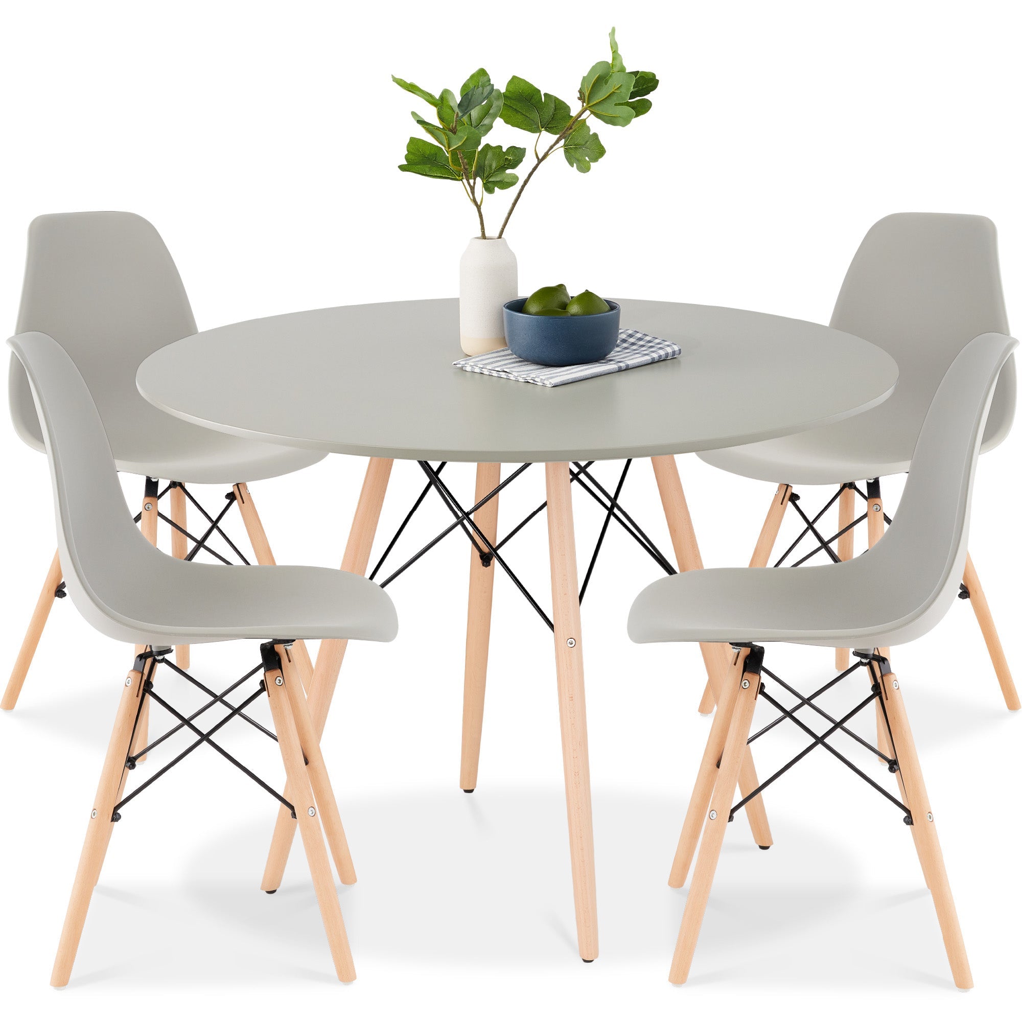 5-Piece Mid-Century Modern Dining Set w/ 4 Chairs, Wooden Legs, Metal Frame - Gray/Oak