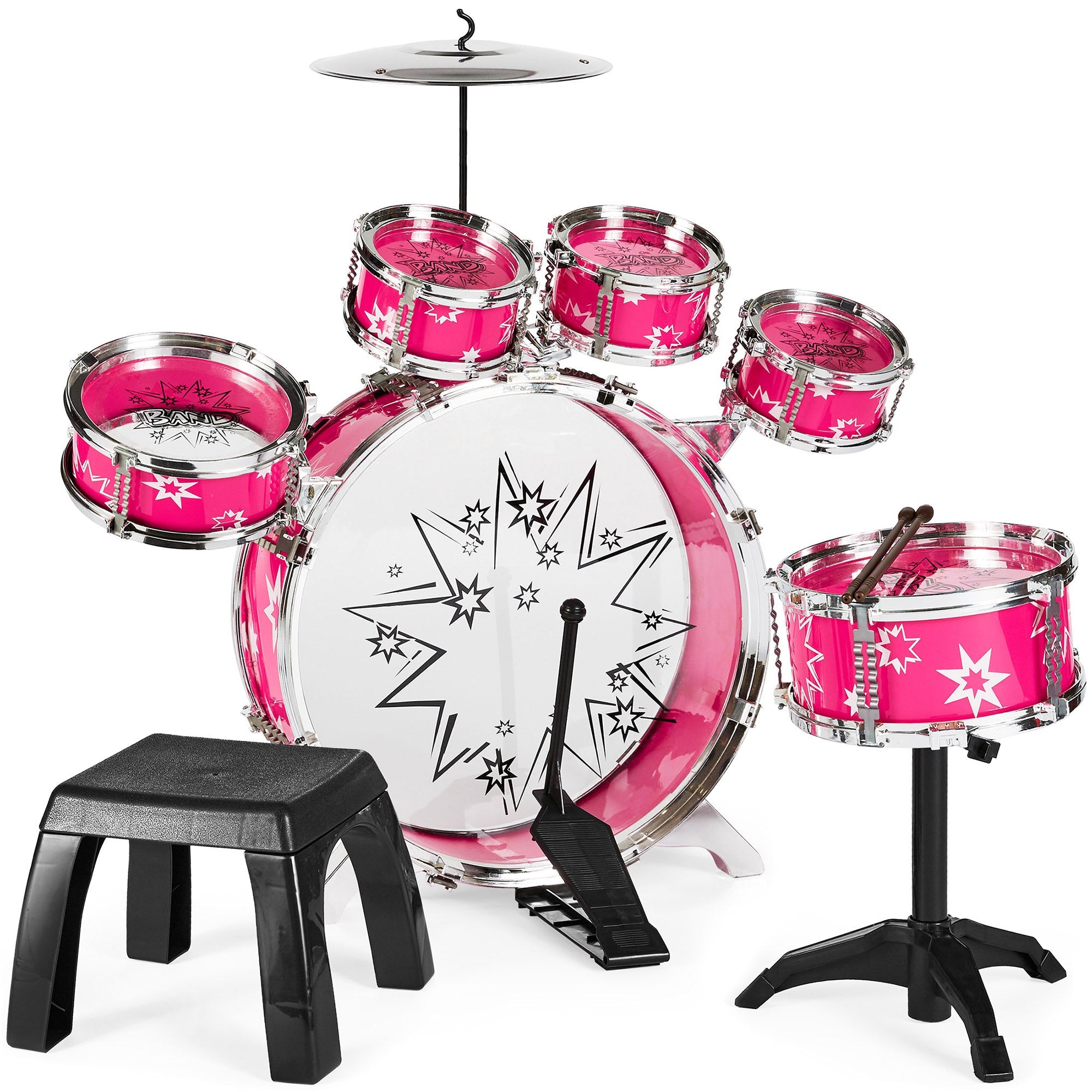 11-Piece Kids Beginner Drum Percussion Musical Instrument Toy Set - Pink
