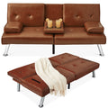 Faux Leather Upholstered Convertible Sofa Bed Futon w/ 2 Cupholders - Medium Brown
