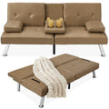 Faux Leather Upholstered Convertible Sofa Bed Futon w/ 2 Cupholders - Taupe