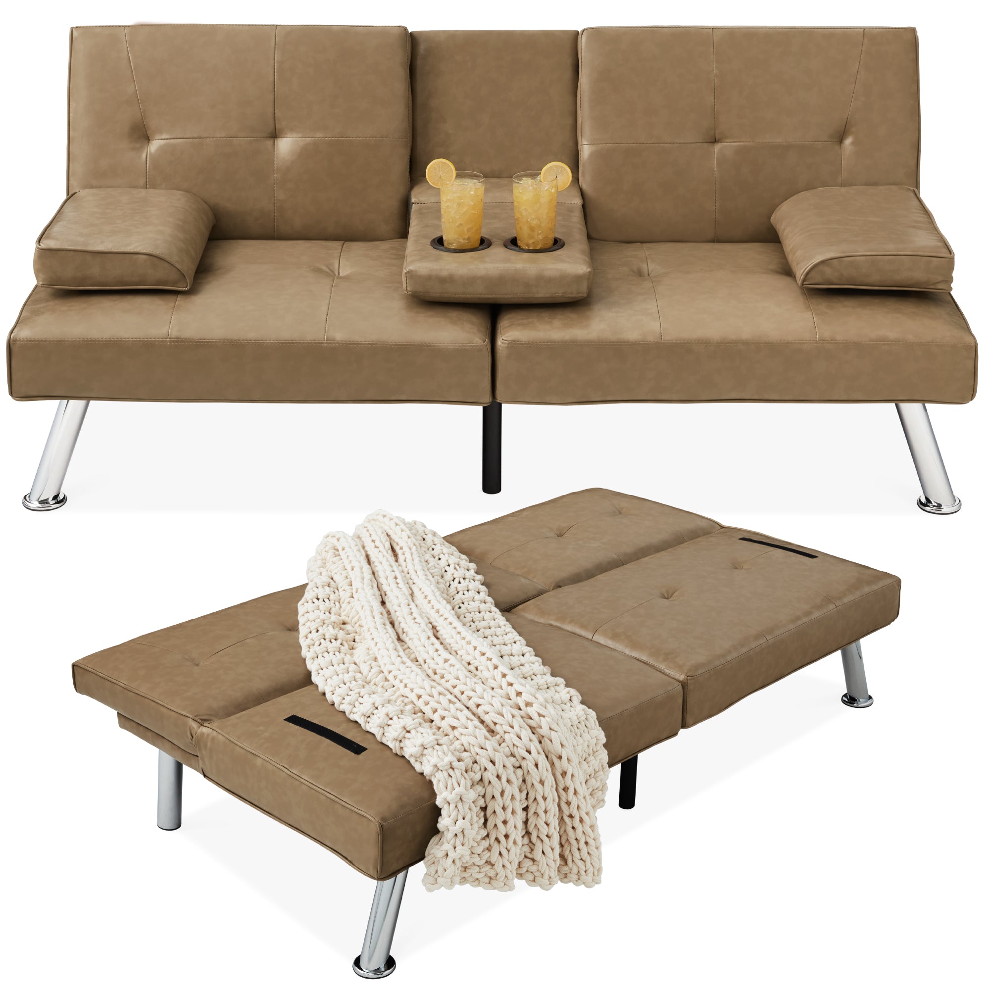 Faux Leather Upholstered Convertible Sofa Bed Futon w/ 2 Cupholders - Taupe