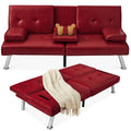 Faux Leather Upholstered Convertible Sofa Bed Futon w/ 2 Cupholders - Burgundy