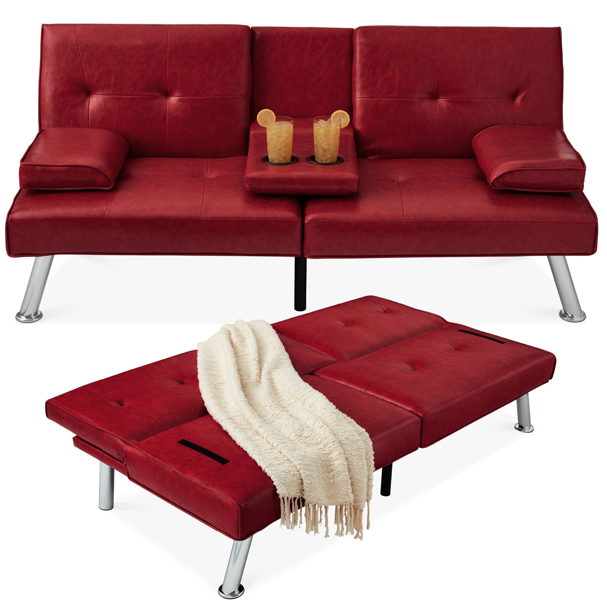 Faux Leather Upholstered Convertible Sofa Bed Futon w/ 2 Cupholders - Burgundy