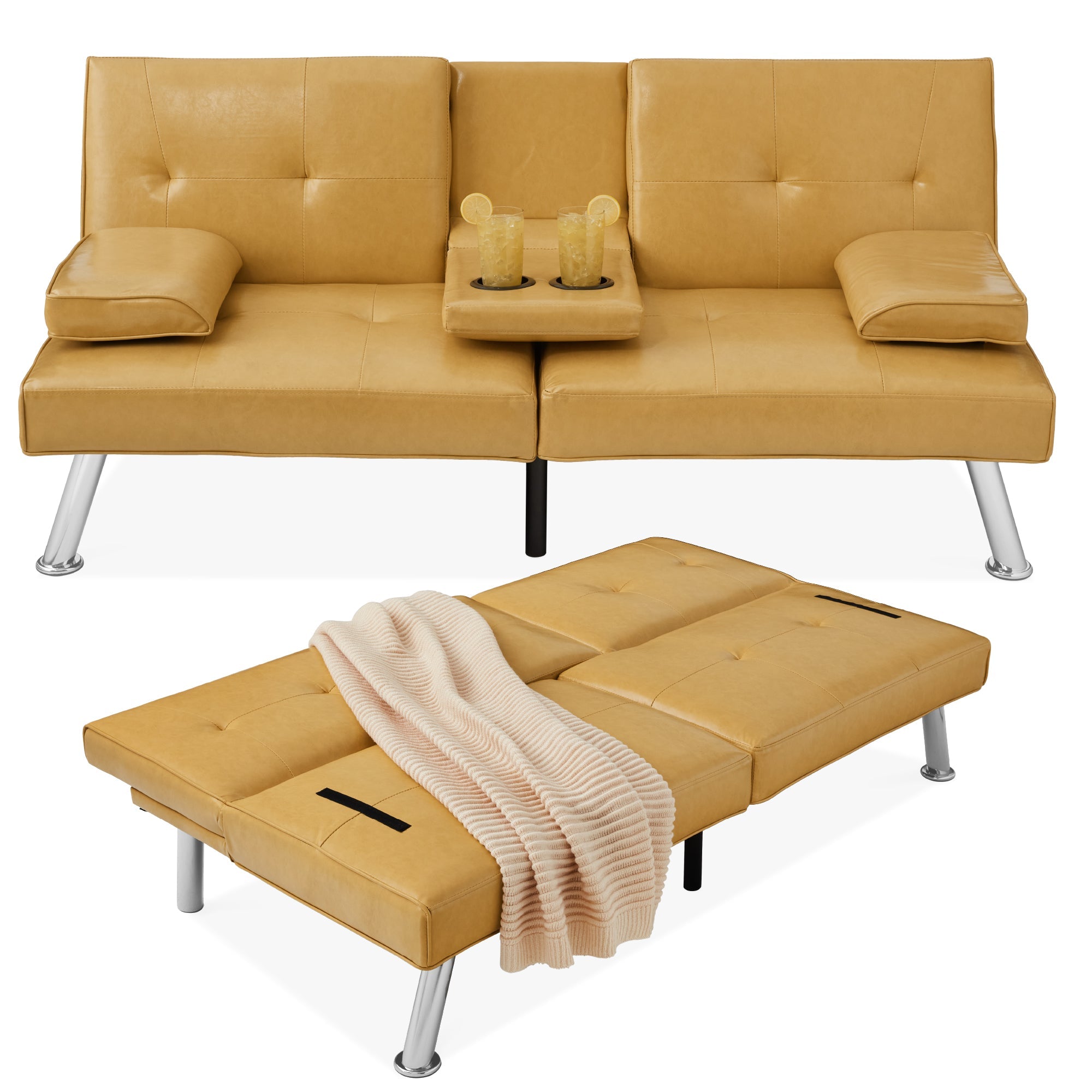 Faux Leather Upholstered Convertible Sofa Bed Futon w/ 2 Cupholders - Camel Yellow