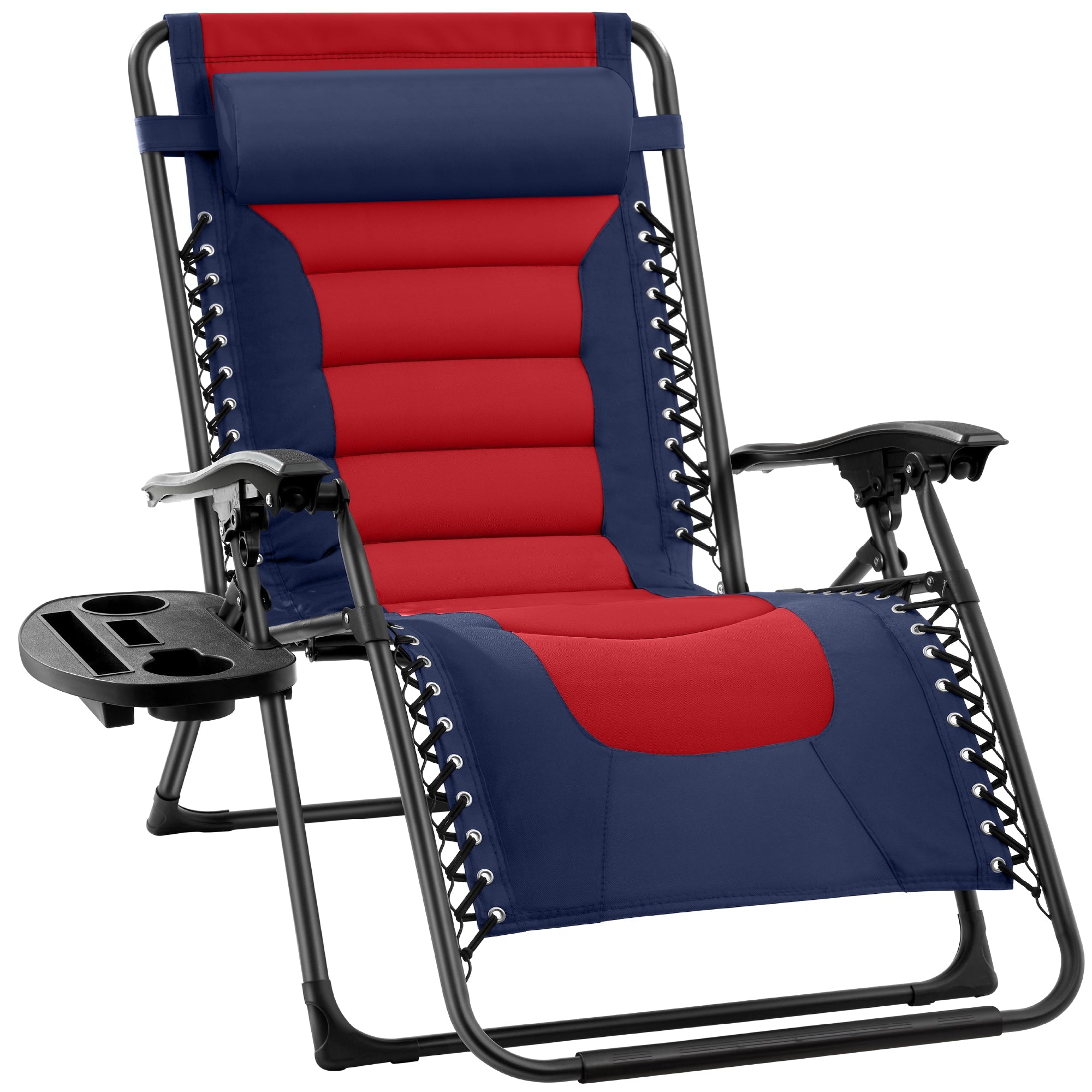 Oversized Padded Zero Gravity Chair, Folding Recliner w/ Headrest, Side Tray - Navy/Red
