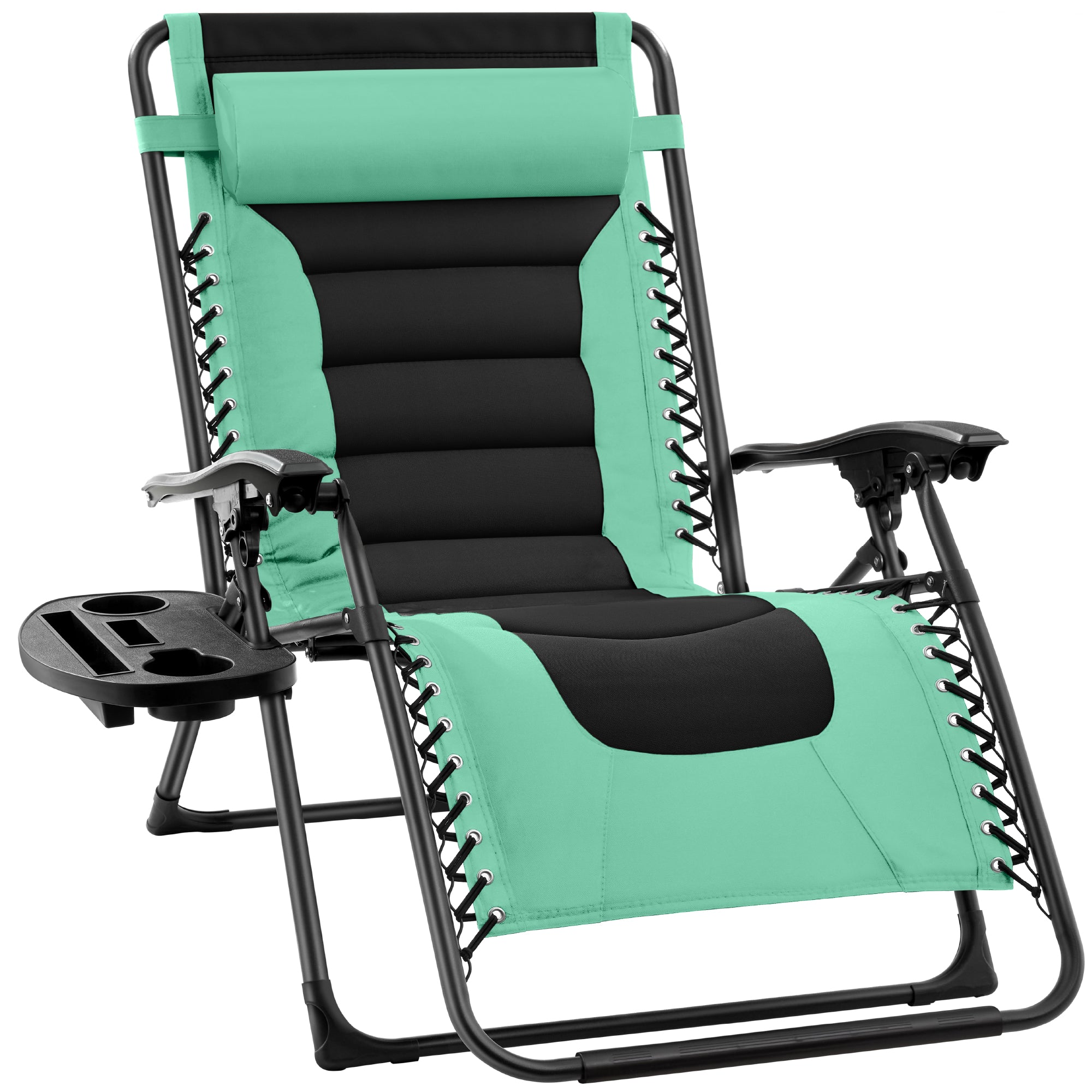 Oversized Padded Zero Gravity Chair, Folding Recliner w/ Headrest, Side Tray - Seafoam Green/Black