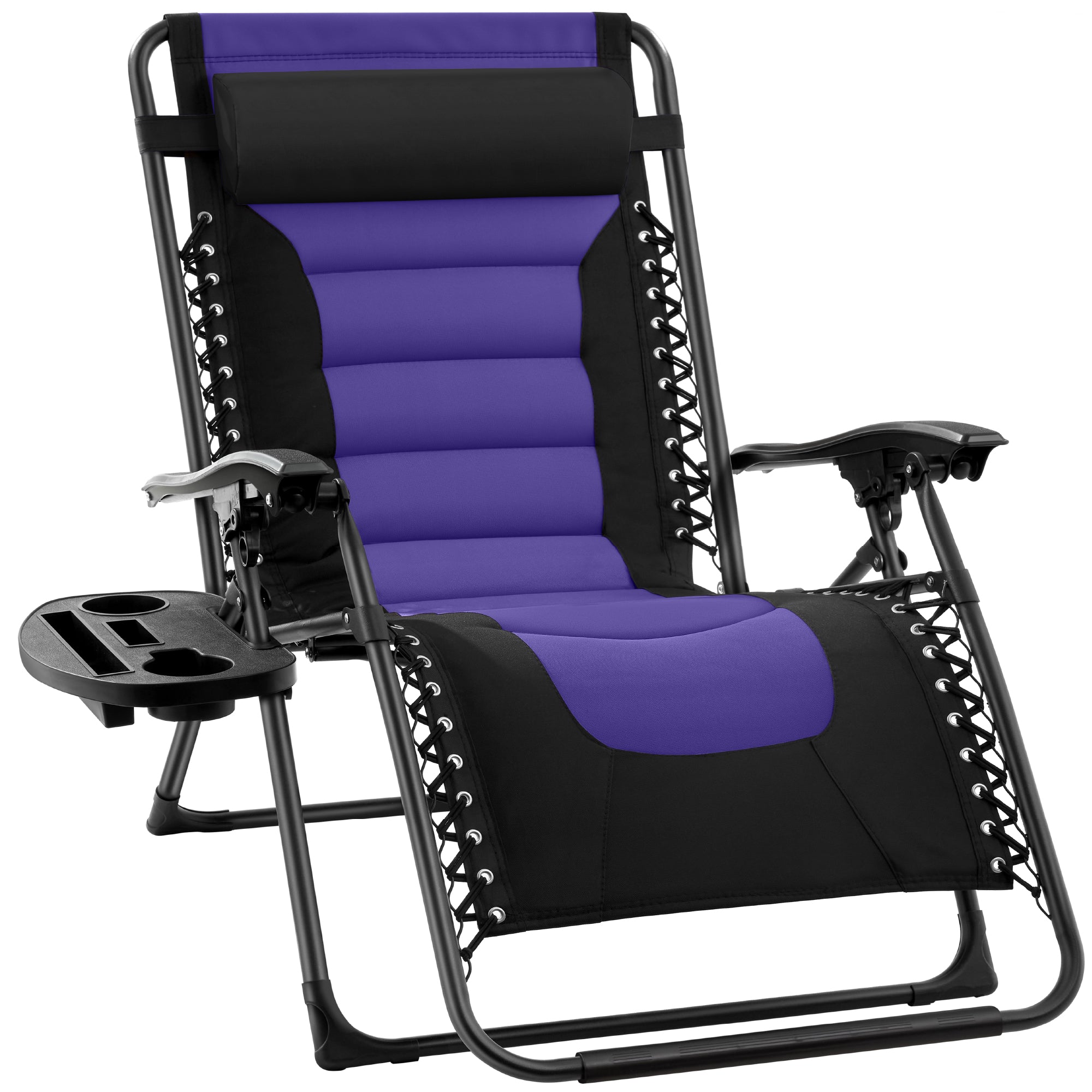 Oversized Padded Zero Gravity Chair, Folding Recliner w/ Headrest, Side Tray - Black/Purple