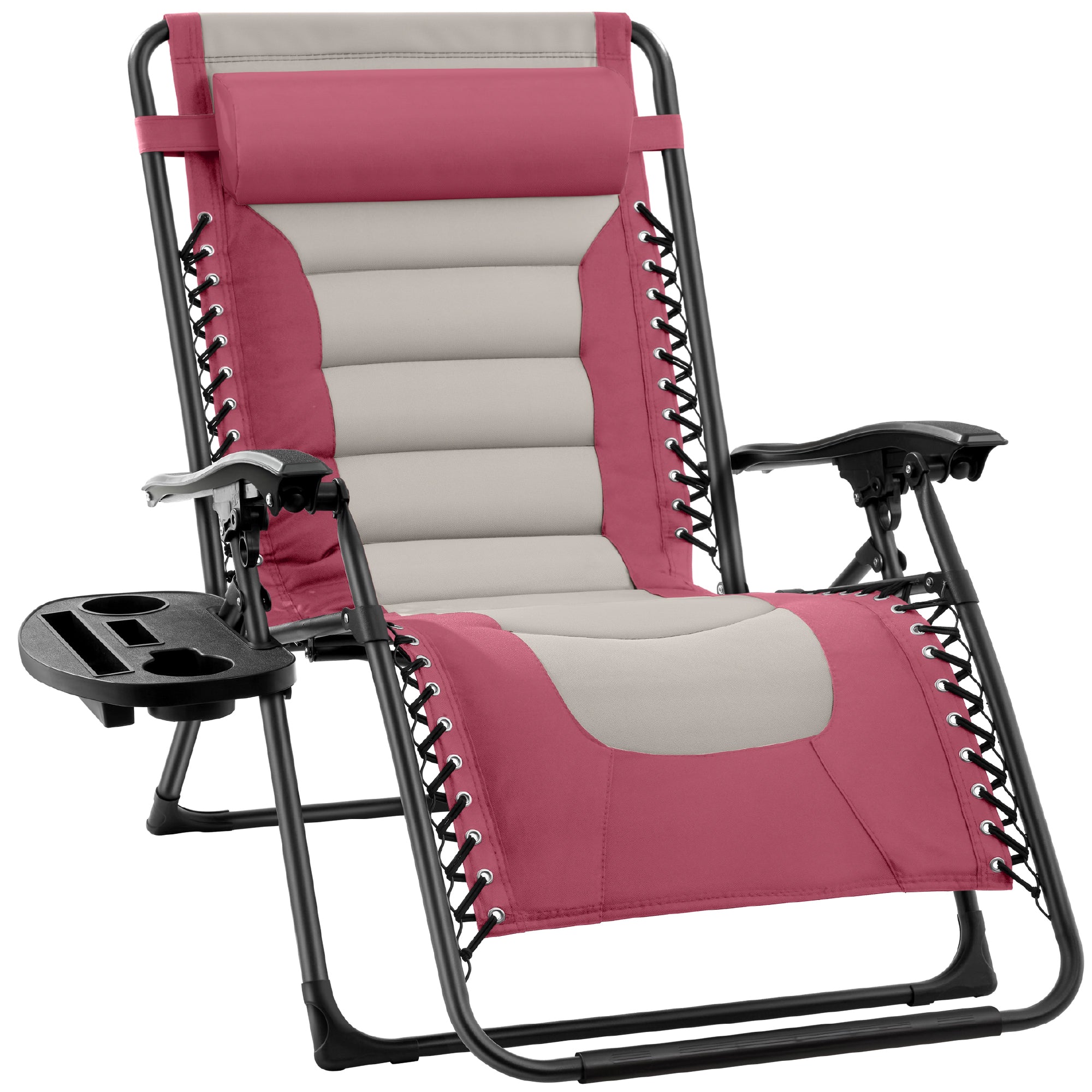 Oversized Padded Zero Gravity Chair, Folding Recliner w/ Headrest, Side Tray - Pink/Taupe