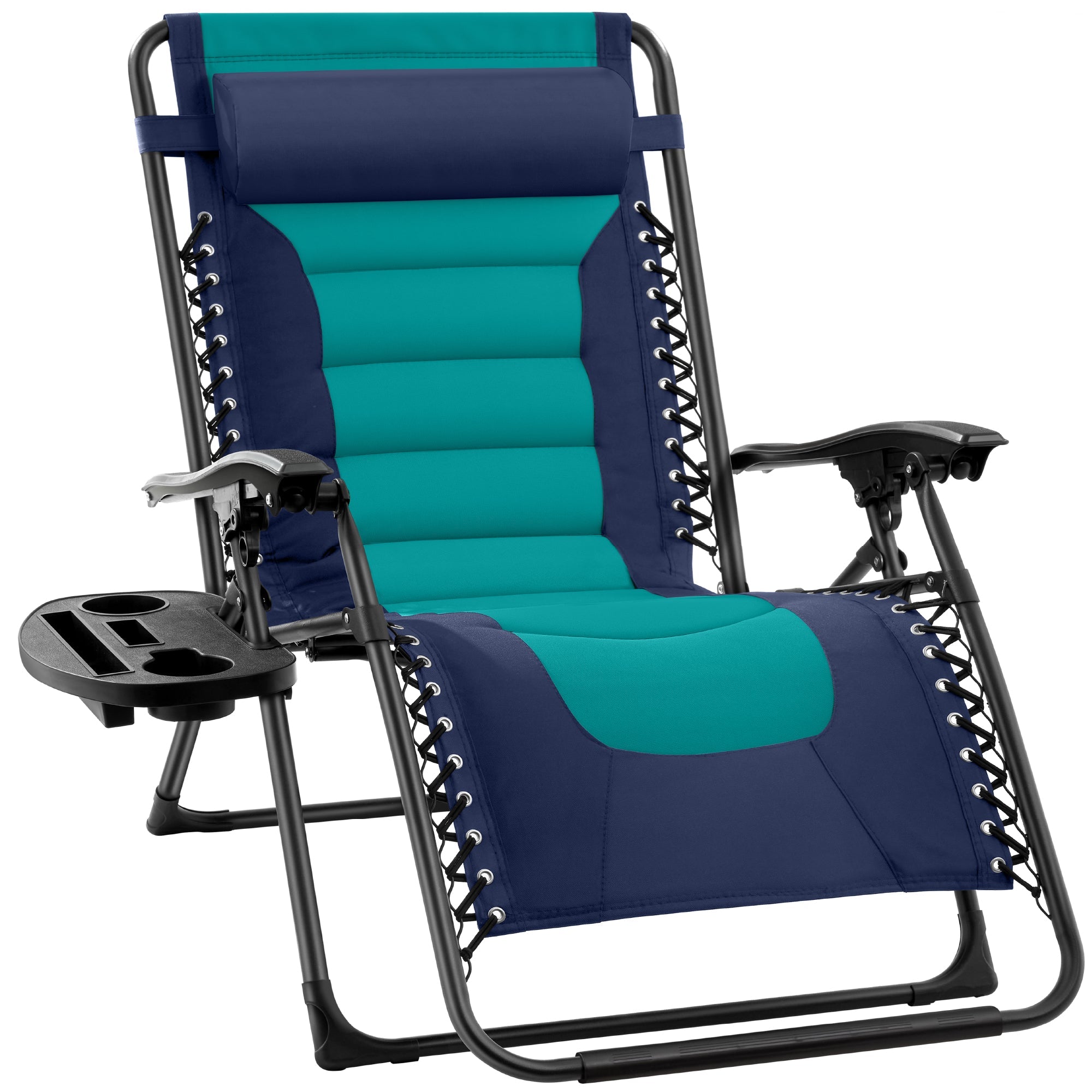 Oversized Padded Zero Gravity Chair, Folding Recliner w/ Headrest, Side Tray - Navy/Teal