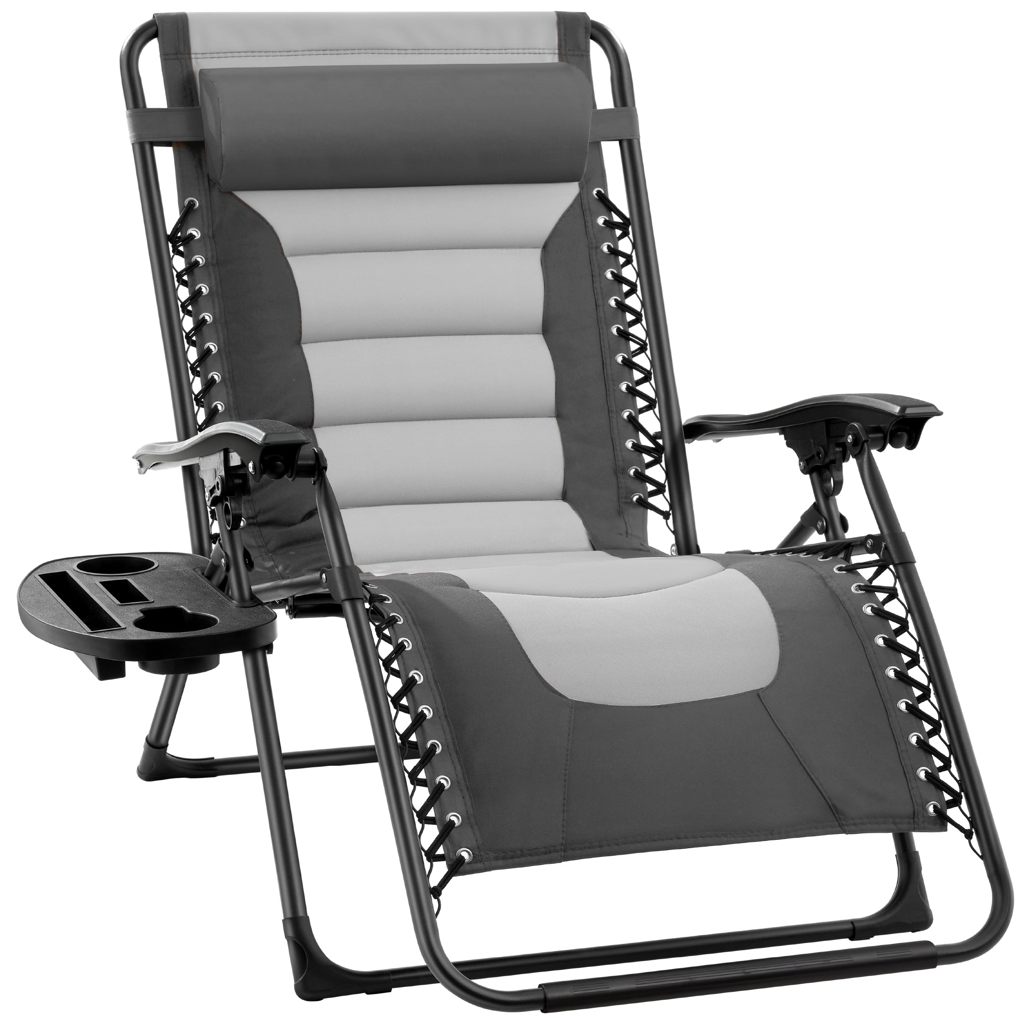 Oversized Padded Zero Gravity Chair, Folding Recliner w/ Headrest, Side Tray - Gray/Light Gray