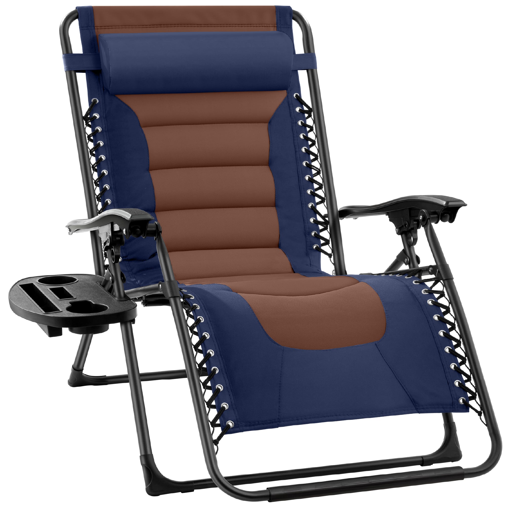 Oversized Padded Zero Gravity Chair, Folding Recliner w/ Headrest, Side Tray - Navy/Brown