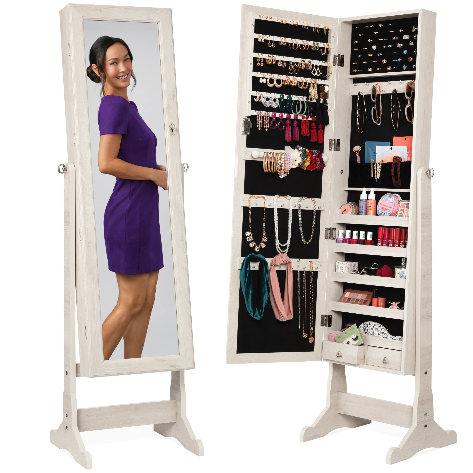 Full Length Freestanding Jewelry Mirror Armoire w/ Velvet Interior - Coastal White