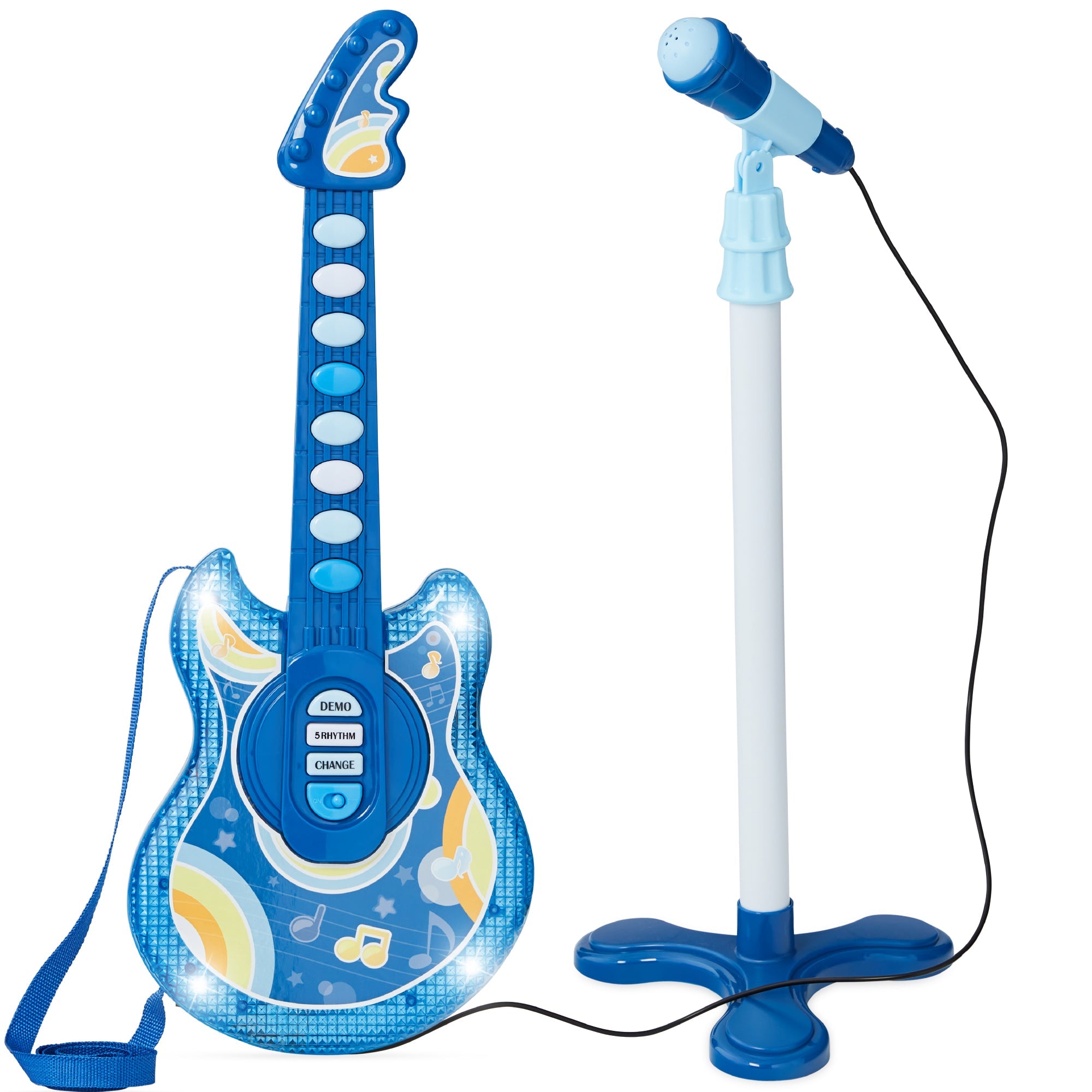 Kids Pretend Play Guitar Musical Instrument Toy w/ Microphone, Stand - 19in - Electric Blue