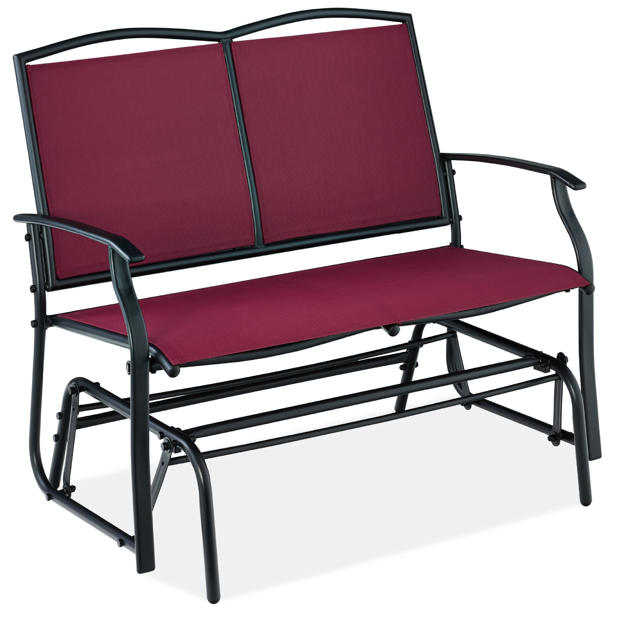 2-Person Patio Loveseat Swing Glider, Bench Rocker w/ Armrests - Burgundy/Black
