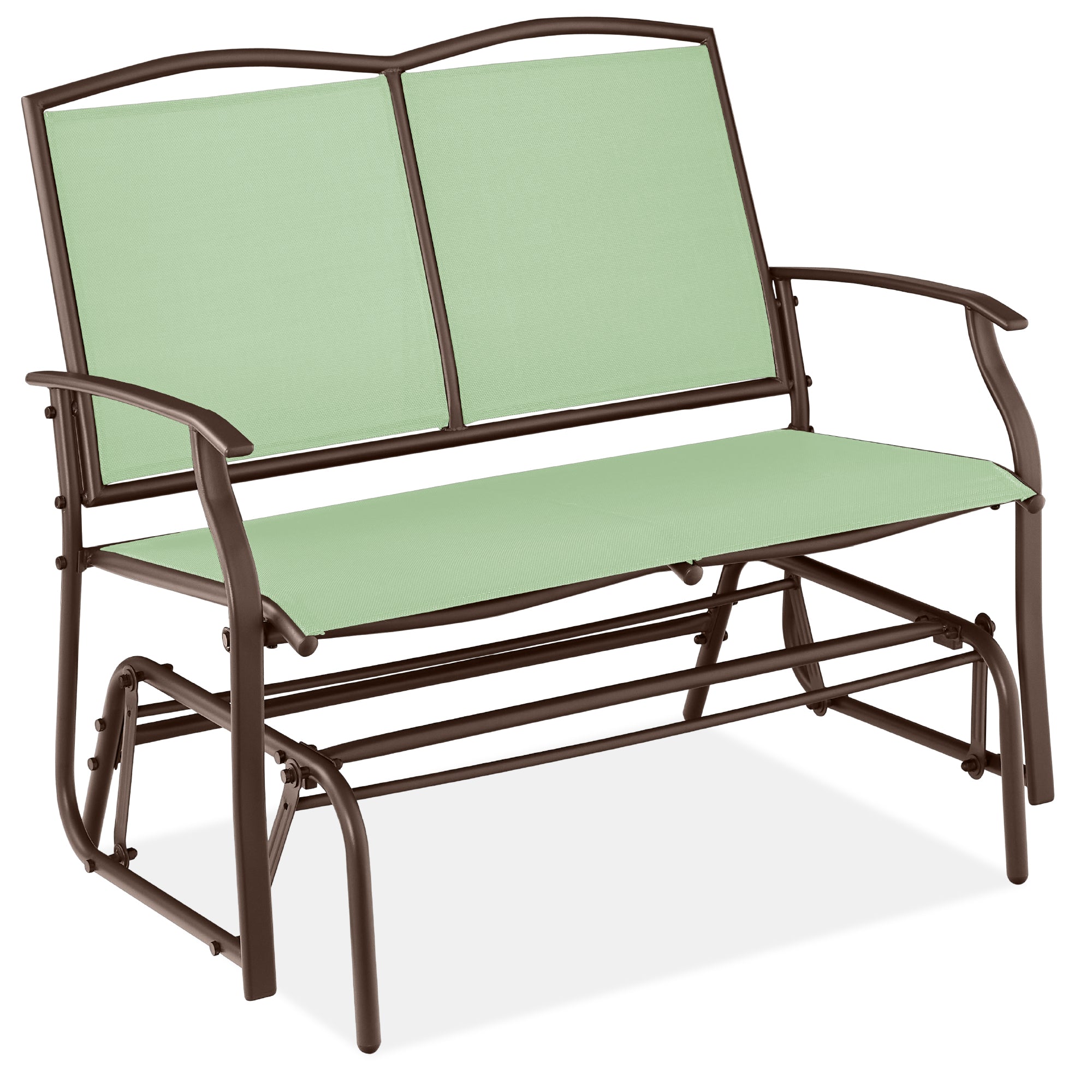 2-Person Patio Loveseat Swing Glider, Bench Rocker w/ Armrests - Sage Green/Brown