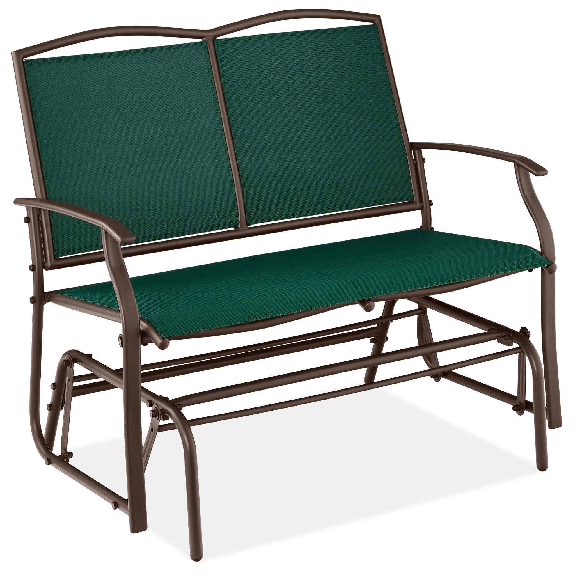 2-Person Patio Loveseat Swing Glider, Bench Rocker w/ Armrests - Forest Green/Brown