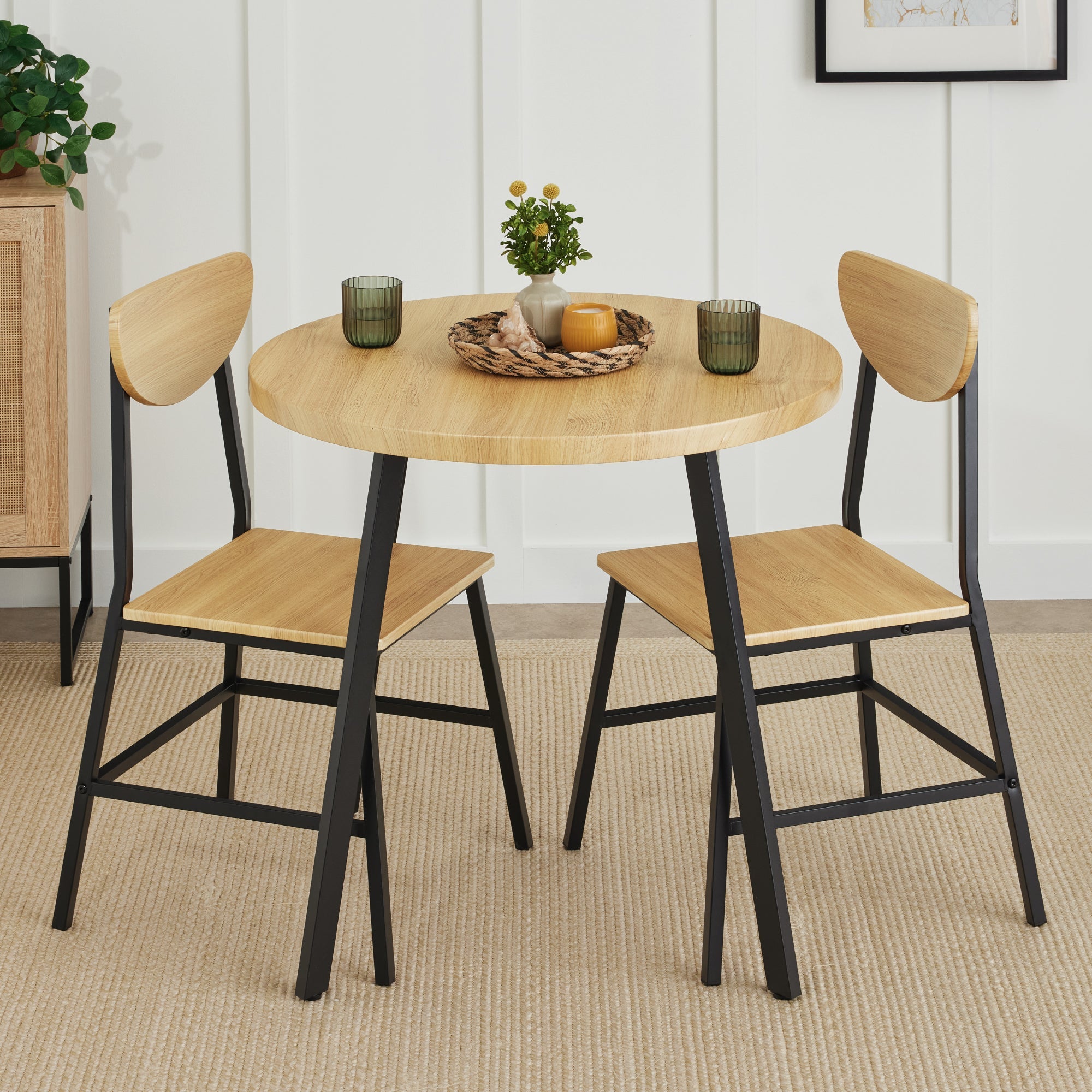 3-Piece Mid-Century Modern Round Dining Set w/ 2 Chairs - Natural