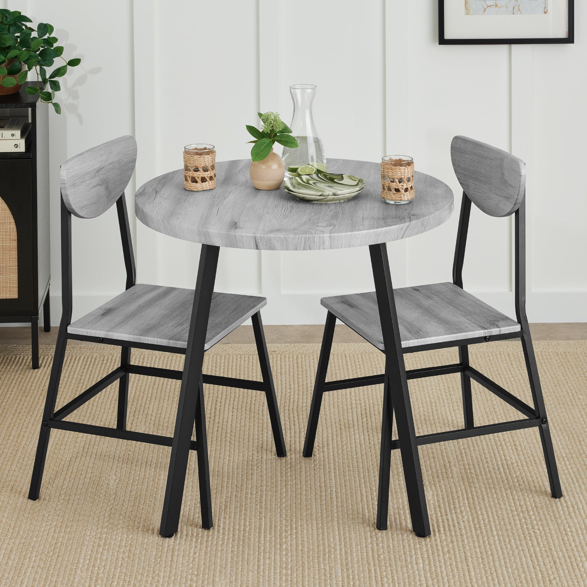 3-Piece Mid-Century Modern Round Dining Set w/ 2 Chairs - Gray