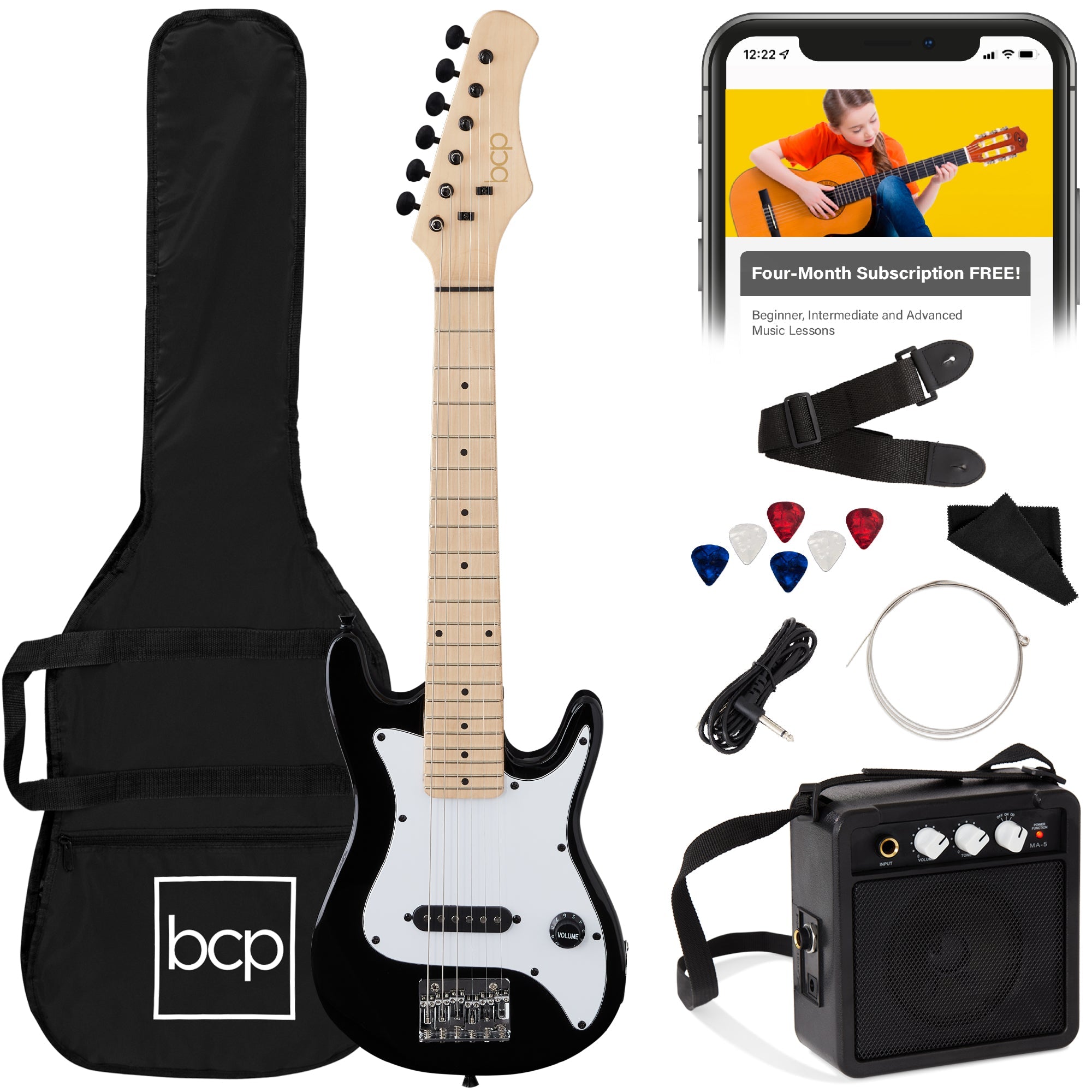 Kids Electric Guitar Beginner Starter Kit w/ 5W Amplifier - 30 in - Black