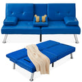 Faux Leather Upholstered Convertible Sofa Bed Futon w/ 2 Cupholders - Royal Blue
